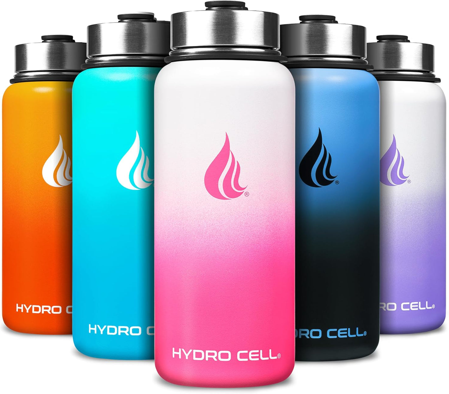 HYDRO CELL Stainless Steel Insulated Water Bottle with Straw - For Cold & Hot Drinks - Metal Vacuum Flask with Screw Cap and Modern Leakproof Sport Thermos for Adults (White/Pink 32oz)