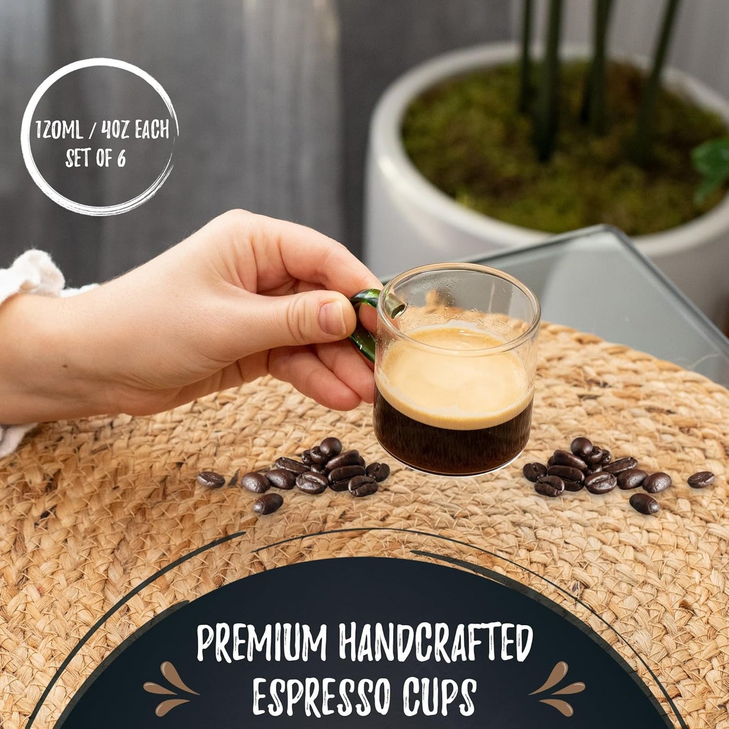 Bacimi® Clear Espresso Cups with Colorful Handles - Set of 6 / 4oz / 120ML - Borosilicate Glass Mugs for Cappuccino, Tea, Latte, & Hot Beverage - Mini Drinking Cups - Microwave Safe