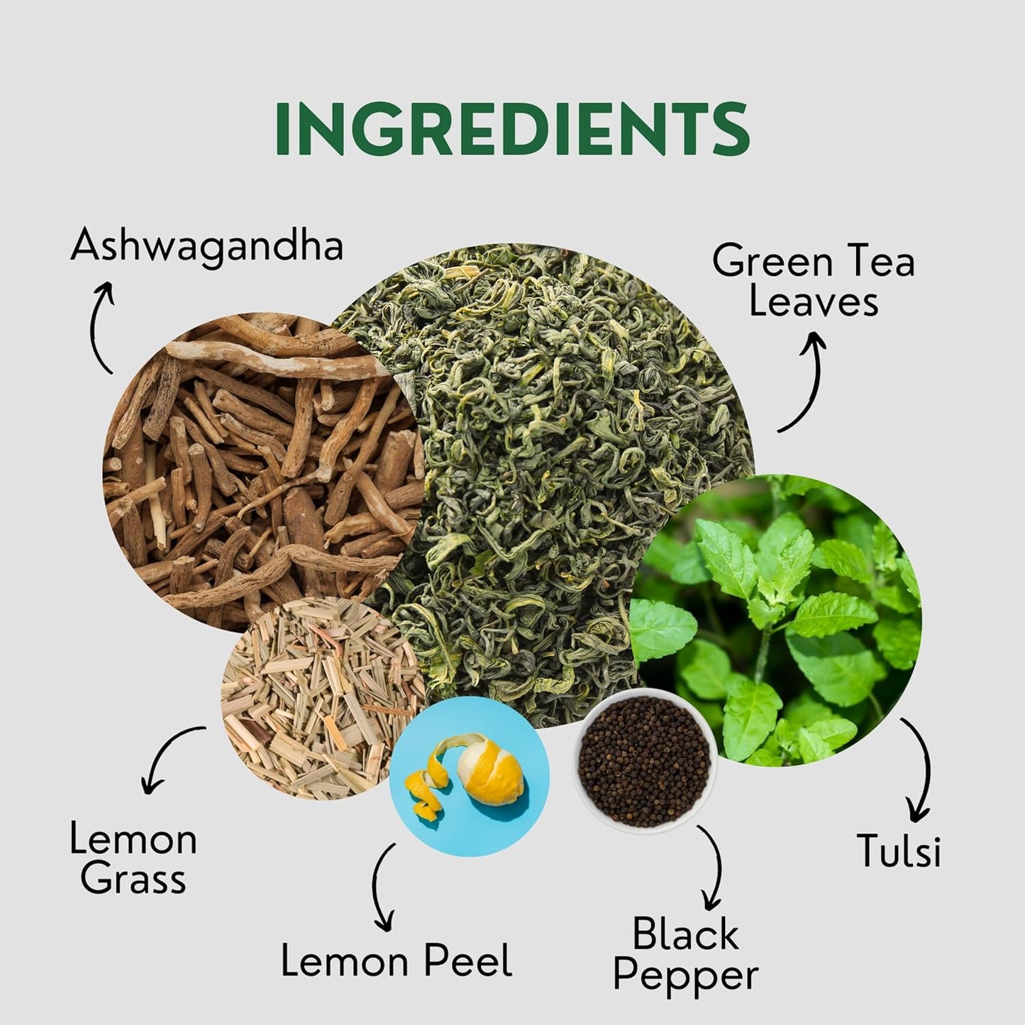 Tealeaf & Co. Tulsi Holy Basil Ashwagandha Green Tea Loose Leaf with Lemon Peel, Lemongrass & Black Pepper - Tulsi Tea with Fresh Herbs and Spices - 50 Servings, Gluten Free (3.52oz/100gm)