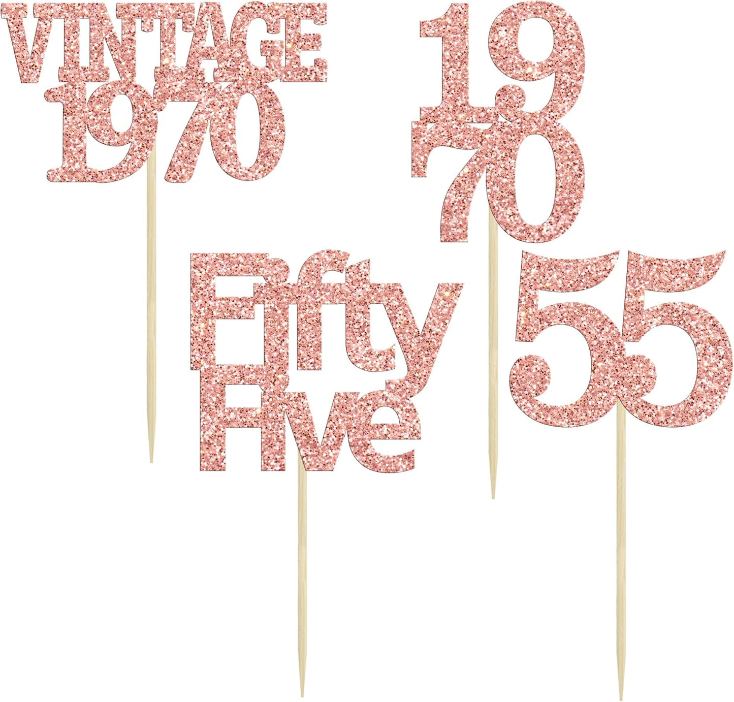 Gyufise 24Pcs 55th Birthday Cupcake Toppers Glitter Cheers to 55 Fabulous Fifty Five Vintage 1970 Cupcake Picks 55th Birthday Wedding Anniversary Party Cake Decorations Supplies Rose Gold
