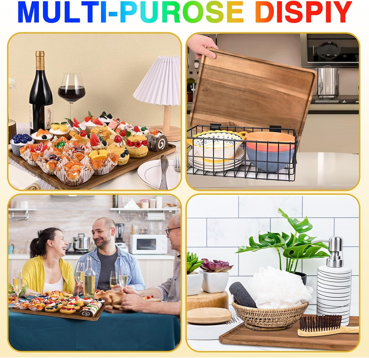 2 Pcs Acacia Wood Serving Tray, Rectangular Wooden Serving Platters Charcuterie Board, Large Wood Kitchen Display Tray for Food, Cookie, Dessert, Fruit, Snack, Vegetable, 16.6" x 12.6" x 0.6"