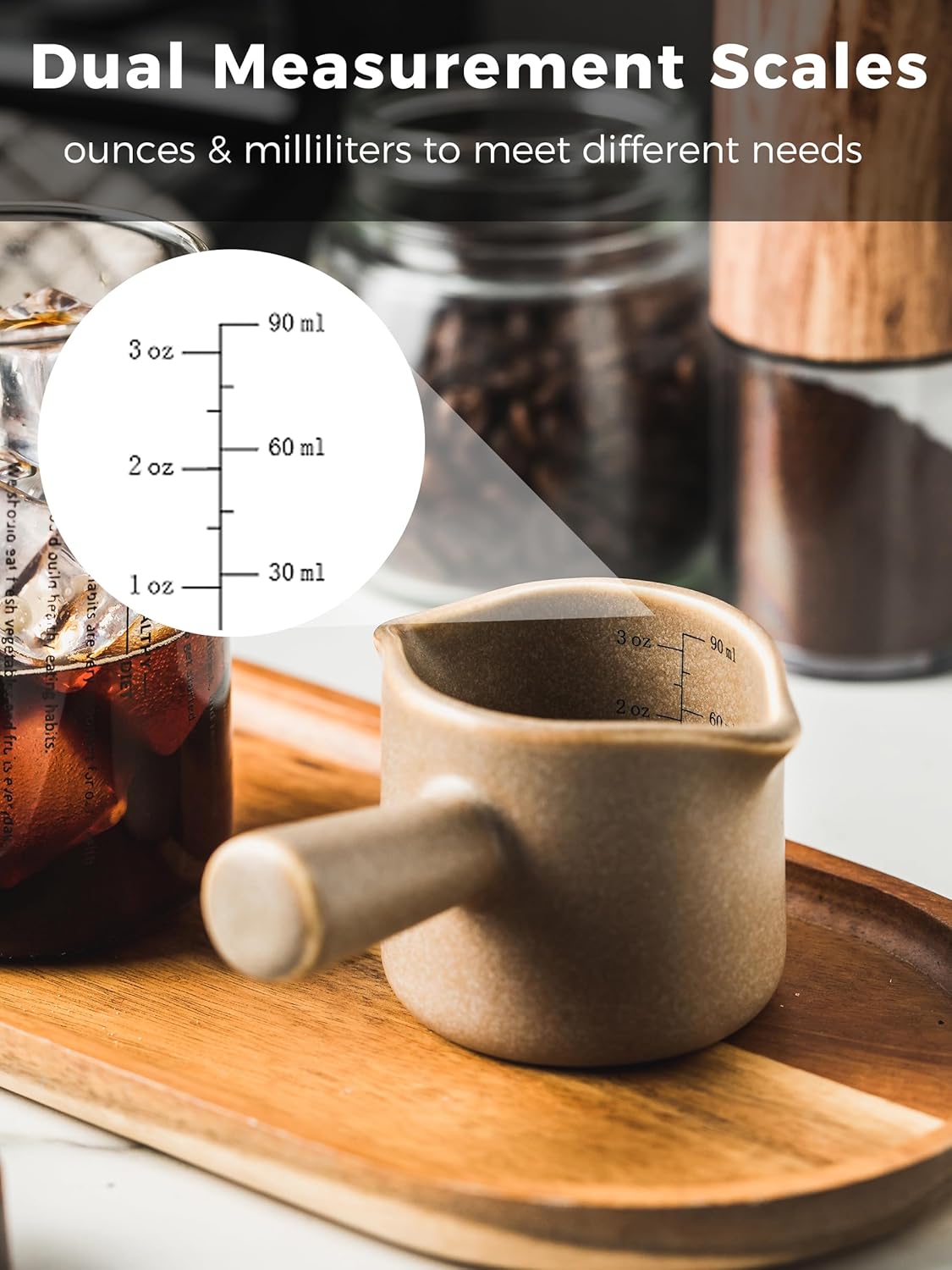 Espresso Measuring Cup, Ceramic Espresso Cup with Handle, Expresso Shots Cups Double Spouts Milk Cup, Espresso Accessories, 3 Oz/ 90 Ml, Brown