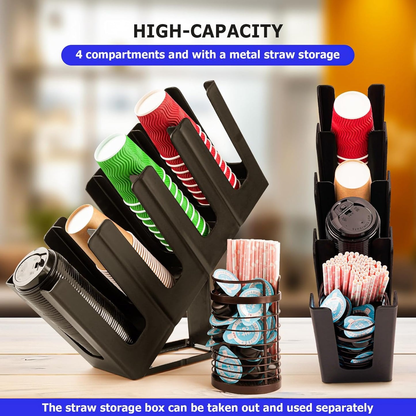 Coffee Cup and Lid Holder Organizer,Adjustable Dispenser with Coffee Pod and Straw Storage Basket, Disposable Cup Holder for Countertop