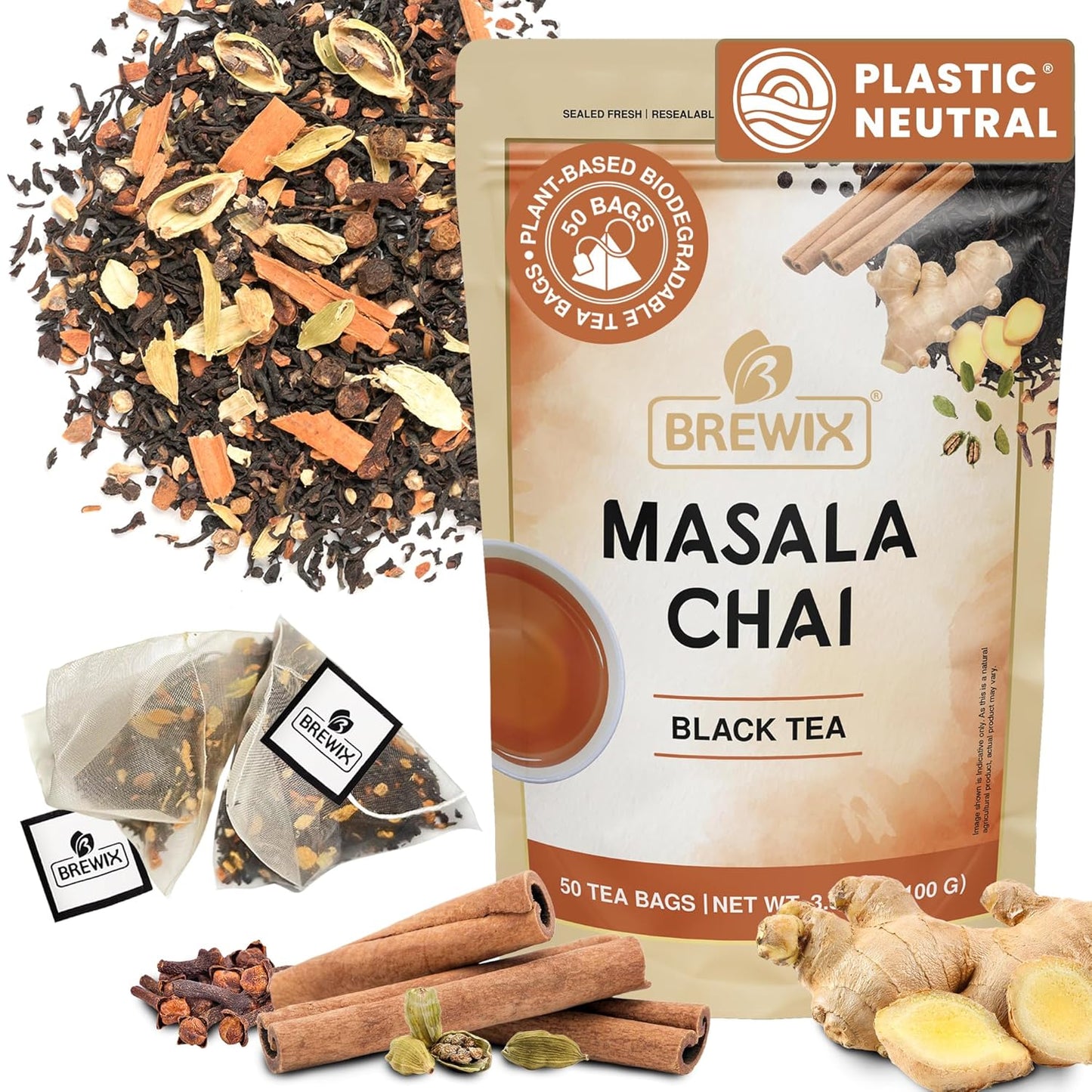 BREWIX, Masala Chai Tea Bags (50 Pyramid Tea Bags) Strong, Robust & Spicy - Pure Ingredients | Black Tea, Cinnamon, Ginger, Black Pepper, Cardamom & Cloves, Packed in Resealable Ziplock Pouch