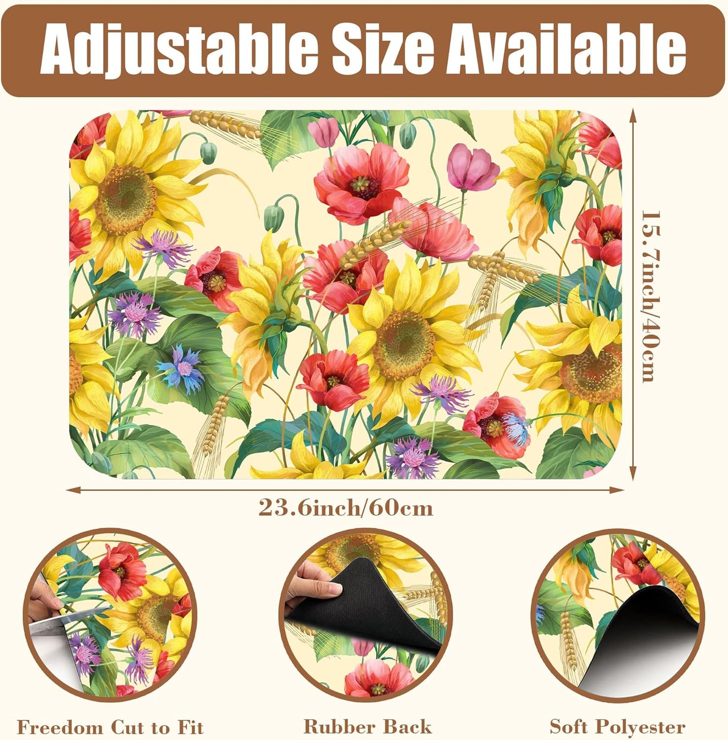 Yellow Sunflower Cornflower Coffee Mat Absorbent Dish Drying Mat for Kitchen Counter Hide Stain Rubber Backed Coffee Bar Accessories Fit Under Espresso Machine 15.7 x 23.6 Inch