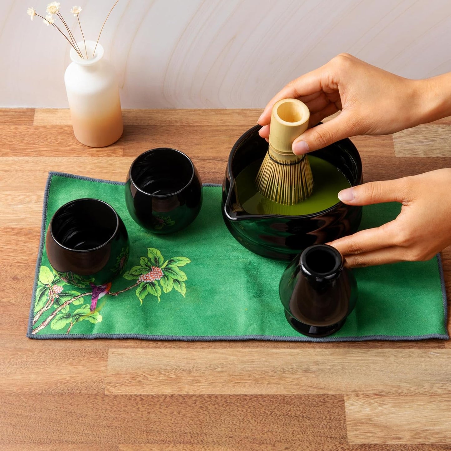 Marce Matcha Whisk Set- Matcha Set includes Matcha Whisk and Bowl (Bowl with Spout), Sifter, Holder and Scoop- The Perfect Bamboo Whisk for Matcha Tea (Black- 7PC)