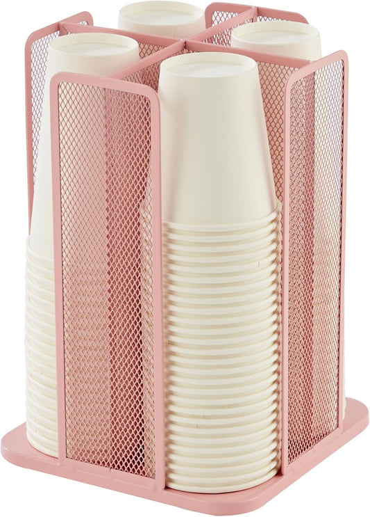 Annova Paper/Plastic Cup and Lid Holder Plastic Storage Organizer, 360°Rotating Coffee Mup Dispenser with 4 Compartments, Multifunctional Storage Rack for Home, Office, Bar, Coffee Shop (Light PInk)