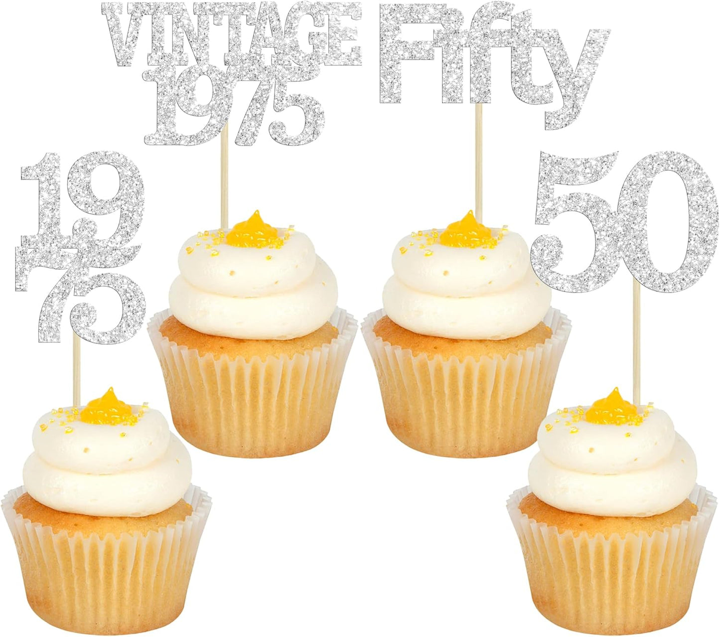 Gyufise 24Pcs 50th Birthday Cupcake Toppers Cheers to 50 Fabulous Fifty Vintage 1975 Cupcake Picks 50th Birthday Wedding Anniversary Party Cake Decorations Supplies Silver