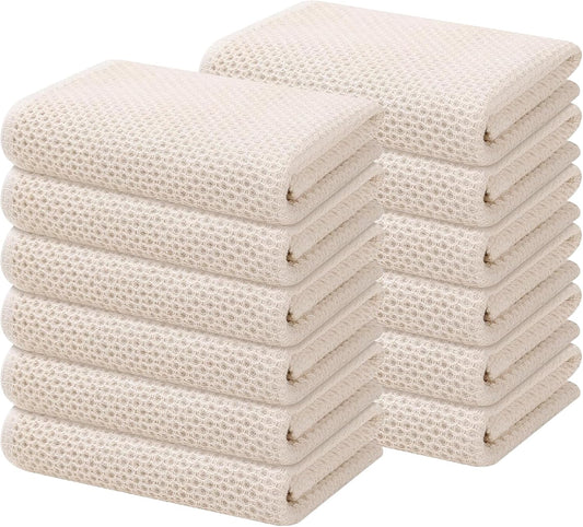 Kitinjoy 100% Cotton Waffle Weave Kitchen Towels, 12-Pack Super Soft and Absorbent Dish Towels for Drying Dishes, Kitchen Hand Towels, 13 in x 28 in, Beige