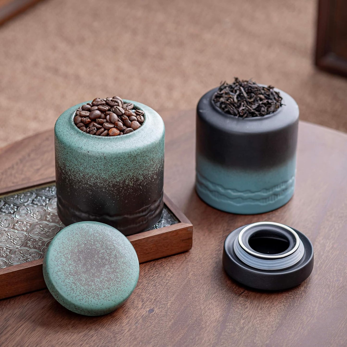 Tea Canister for Loose Tea with Airtight Lid, Kitchen Storage Containers, Ceramic Food Storage Jar, Ceramic Coffee Canister (Dark Blue)