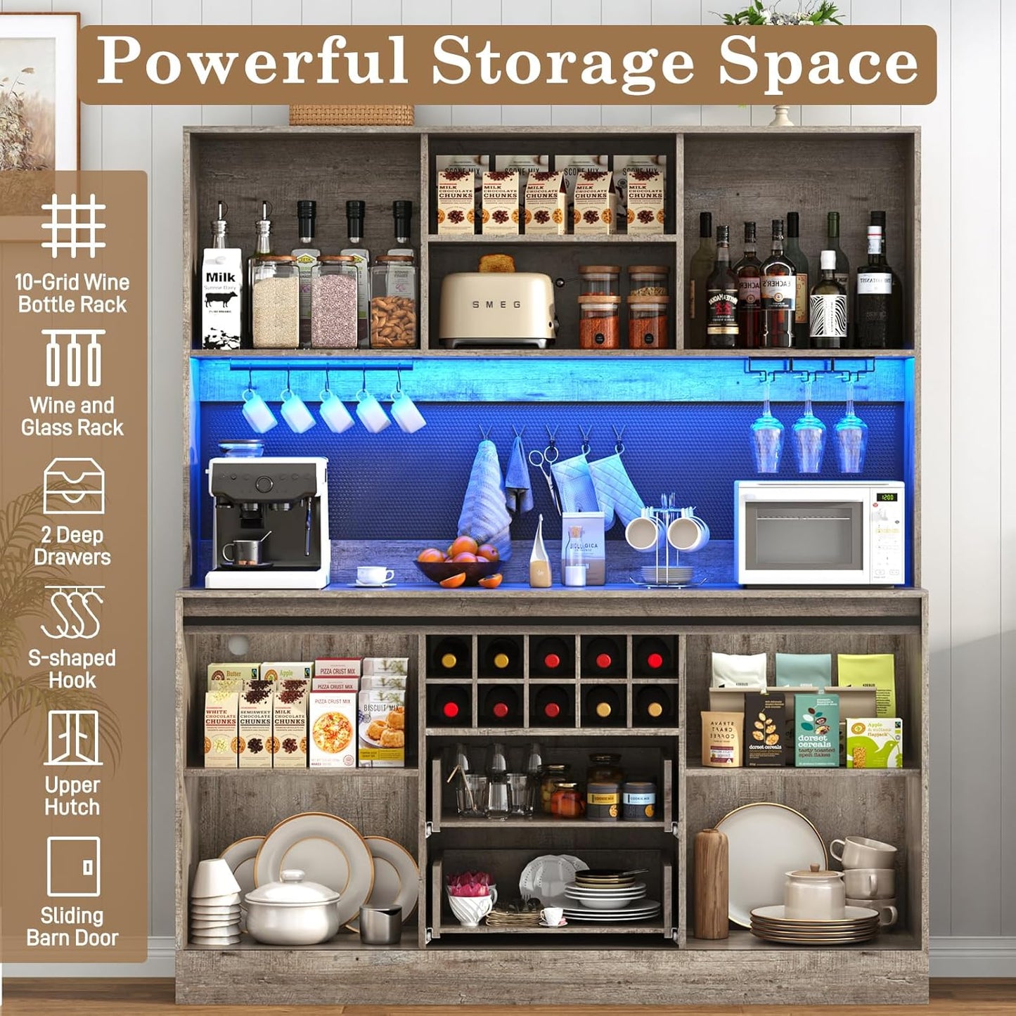 74" Tall 63" Wide Larg Bar Cabinet w/ Outlet,6000-color LED Light,Pegboard,Farmhouse Hutch Bar Cabinet w/Barn Door,2 Big Drawers,Adjustable Shelves,10 Wine & Glasses Rack,5 Hook for Kitchen,OAK
