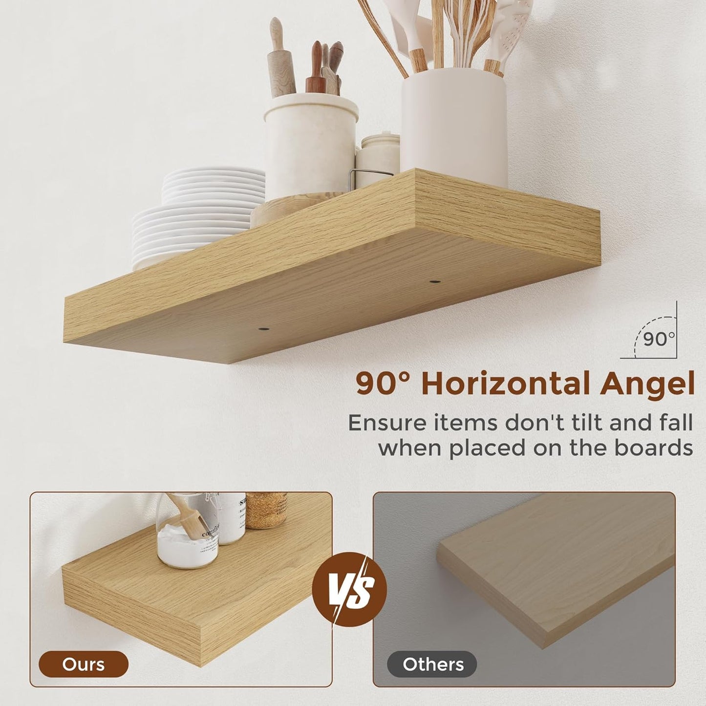 Heimlove 24 Inch Floating Shelves for Wall Oak Shelves Set of 2,Wall Mounted Rustic Wood 8 Inch Deep Floating Shelf with Invisible Brackets for Bedroom Kitchen Living Room