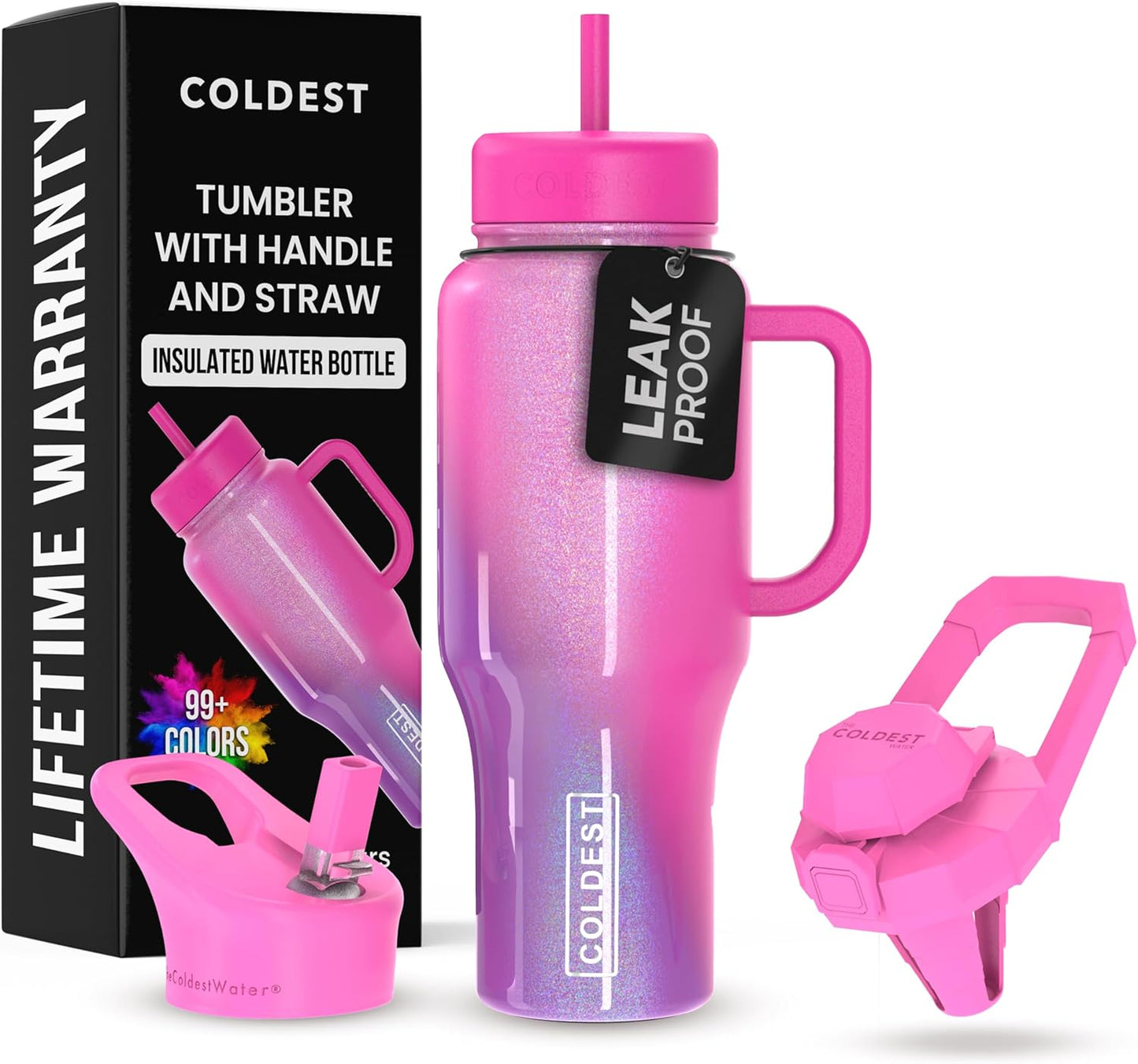 Coldest 40 oz Tumbler with Handle and Straw, 100% Leak Proof Insulated Tumbler with Lid and Straw (3 Lids), Stainless Steel Tumblers for Women & Men, Cup Holder Friendly, 36 oz (Mulberry Dream)