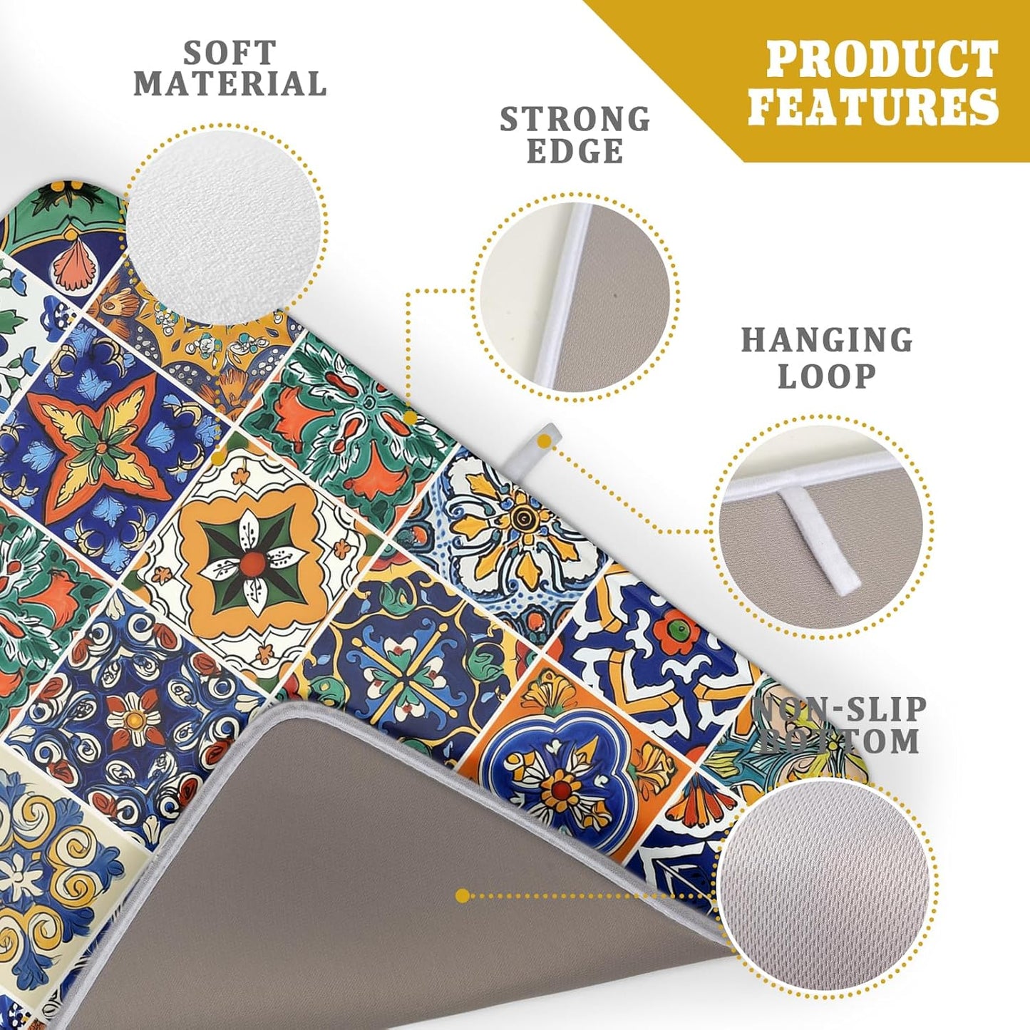 Talavera Mexican Tiles Dish Drying Mat for Kitchen Counter 18x24 Inch Mexican Flower Decorations Dish Draining Mat Mexican Tilt Fast Absorbent Tableware Dishes Pad for Coffee Bar Countertop