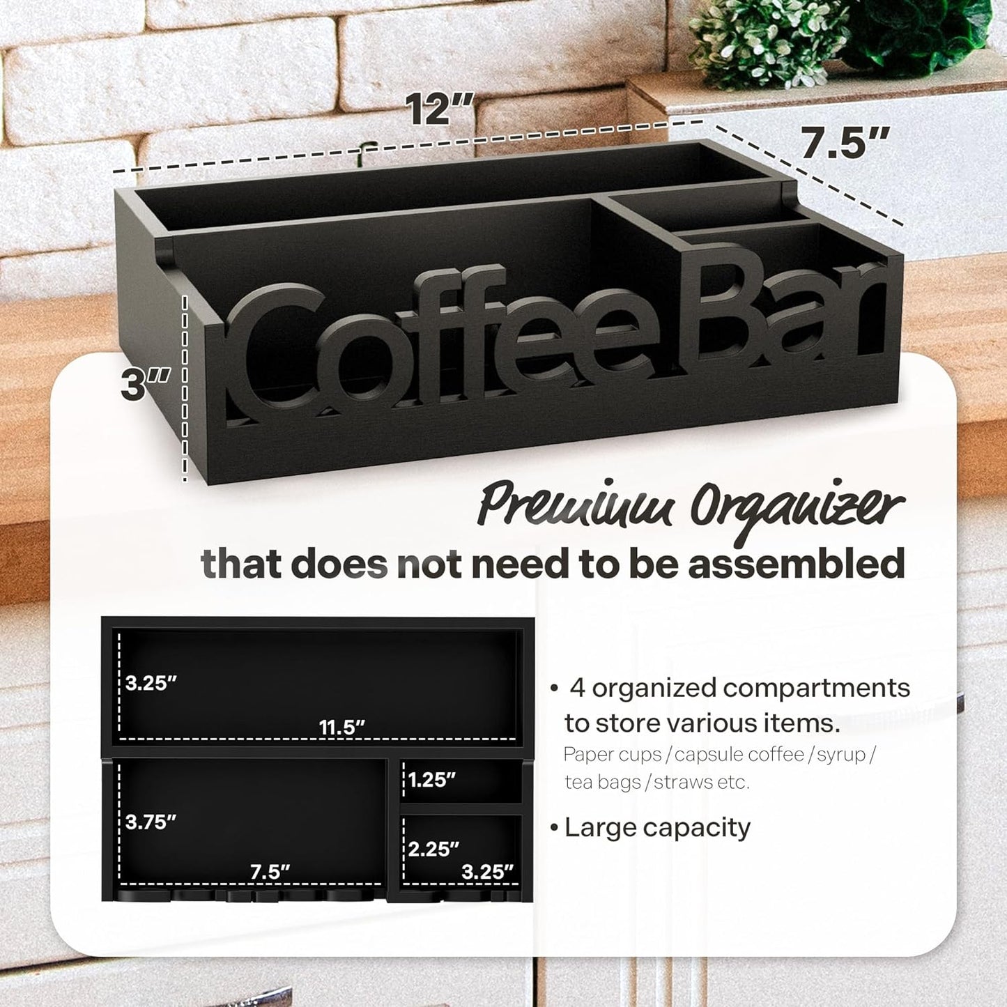 Coffee Bar Organizer for Countertop – Wooden Coffee Caddy with Compartments for Pods, Creamer, Sugar Packets, and Accessories – Coffee Station Storage for Home and Office (Black)