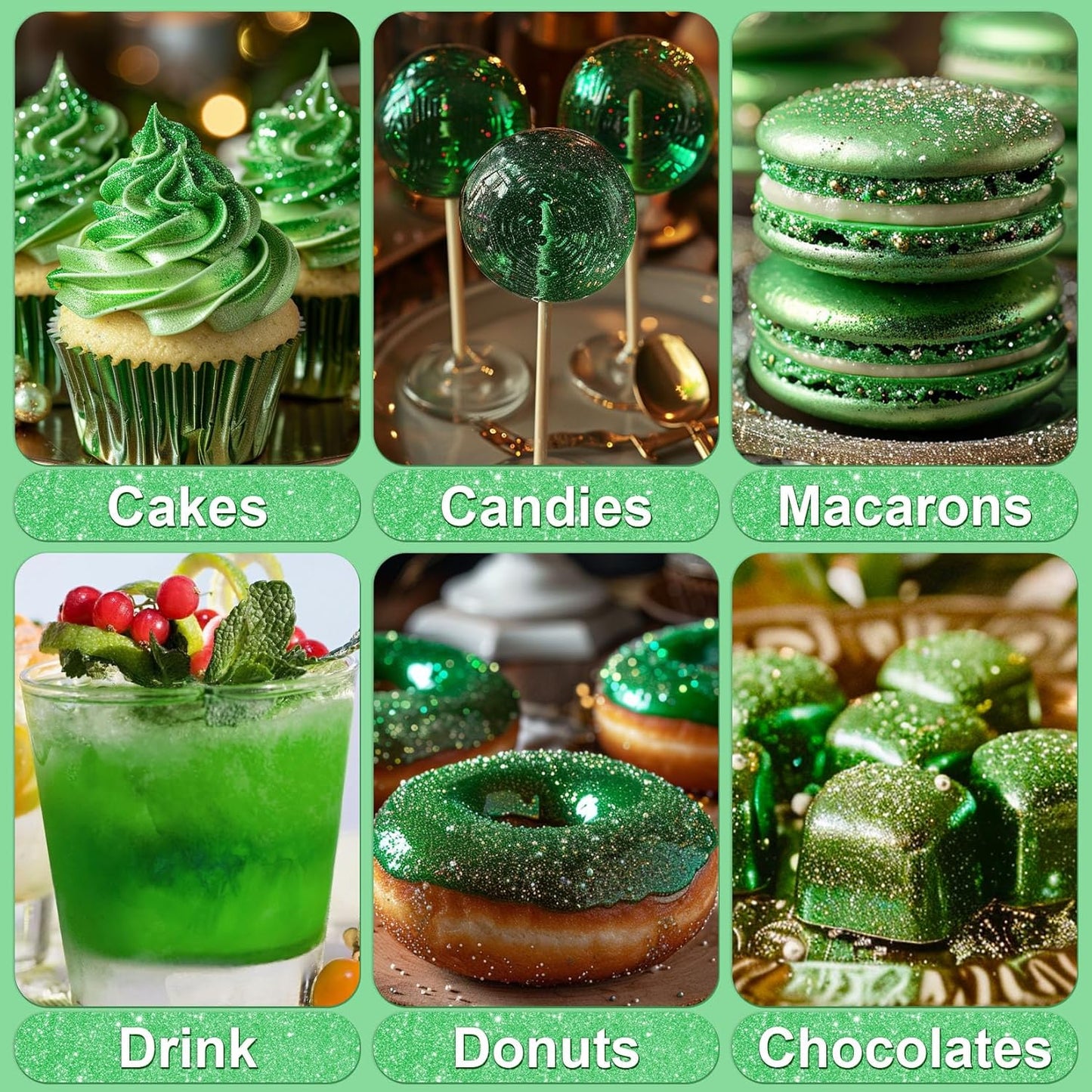 Green Edible Glitter - 5g Food Grade Cake Decorating Shimmering Glitter, Edible Sprinkle Luster Dust for Drinks, Chocolates, Fondant, Strawberries, Cupcakes, Candy, Cookie - Vegan