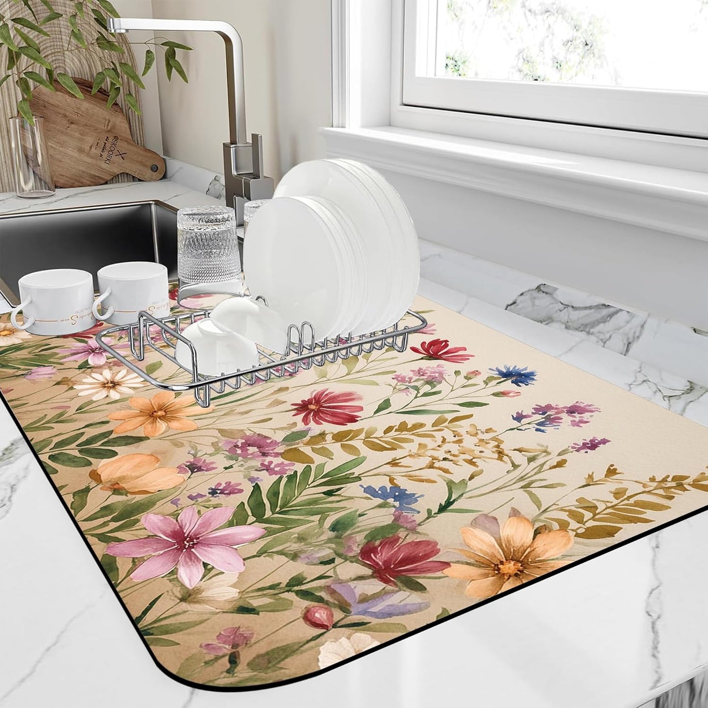 Colorful Wildflowers Dish Drying Mat Meadow Flowers Floral Kitchen Mat 12"x19" Bsorbent Coffee Maker Mat for Dishes,Utensils Coffee Maker Pots and Pans Easy Clean Dish Slip Resistant Pad