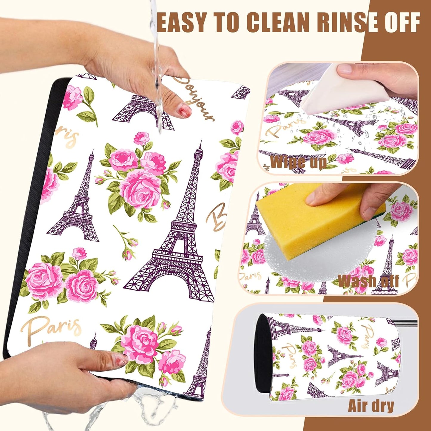 Eiffel Tower with Pink Rose Coffee Mat Absorbent Dish Drying Mat for Kitchen Counter Hide Stain Rubber Backed Coffee Bar Accessories Fit Under Espresso Machine Dish Drainer 15.7 x 23.6 Inch