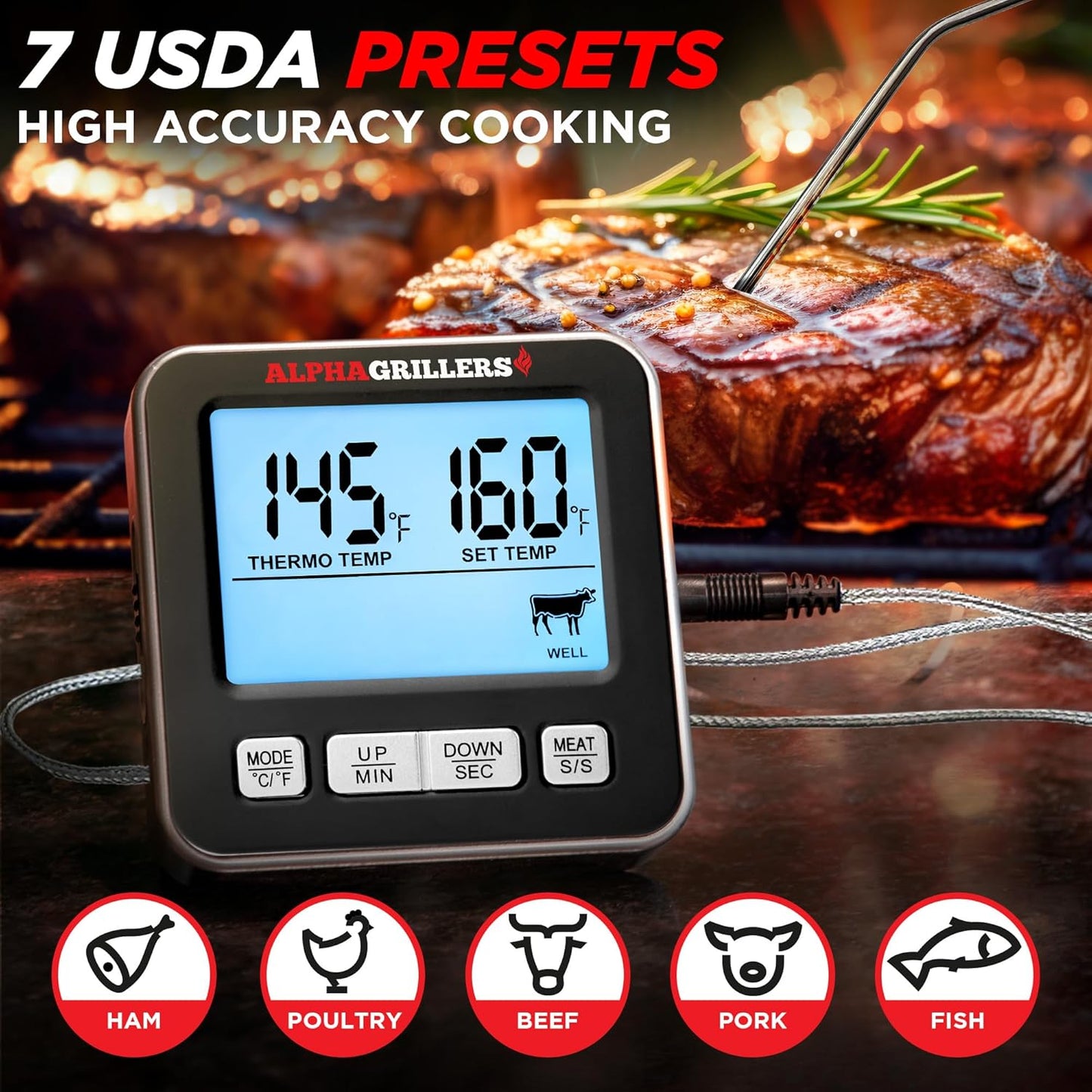 Alpha Grillers Meat Thermometer Digital for Oven - Large Display Oven Thermometer for Cooking - Leave-in BBQ Grilling Probe with 7 Presets, Timer, Alarm - Gifts for Men Him Boyfriend Husband