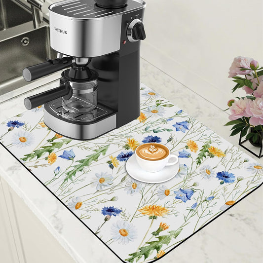 Watercolor Wildflower Dish Drying Mat for Kitchen Counter Coffee Mat Hide Stain Absorbent Rubber Backed Drying Rack Pad Espresso Machine Coffee Bar Accessories 15.7 x 23.6 Inch