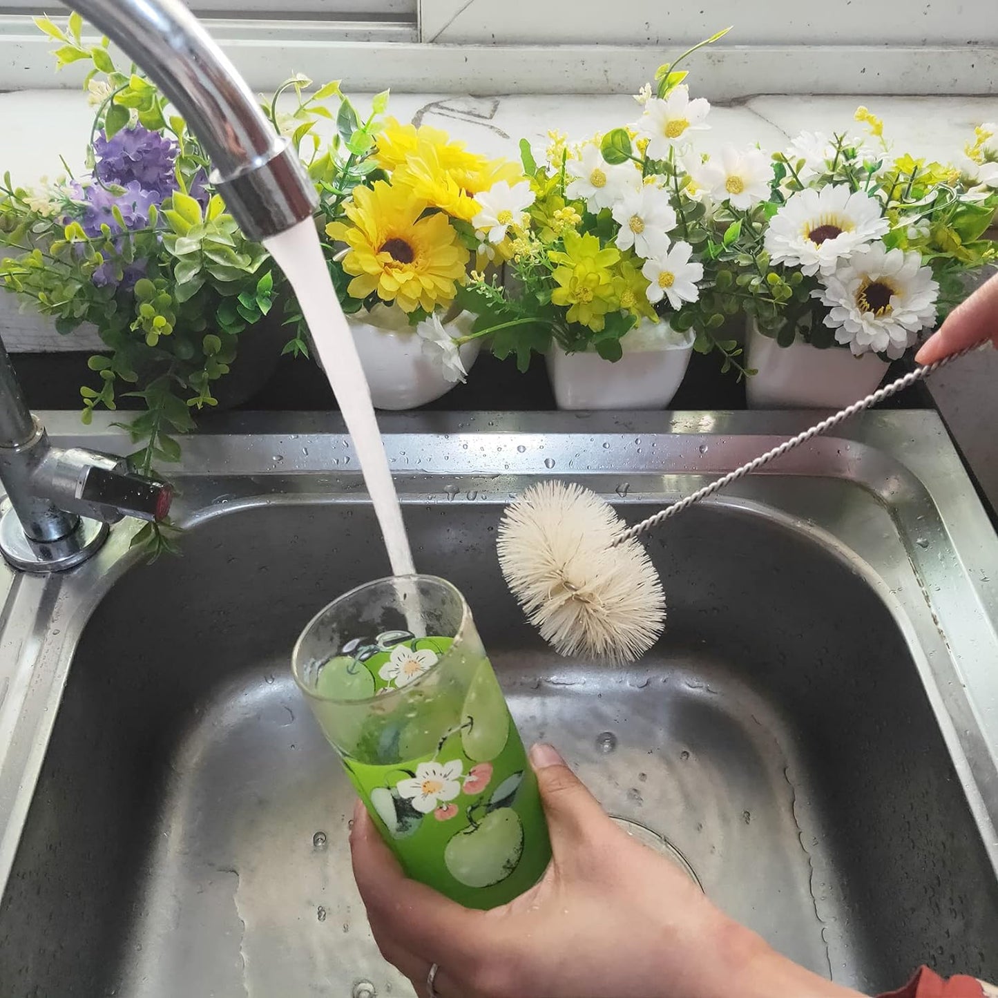 Coralpearl Bottle Brushes Thin Long Handle X 4, Skinny Wire Cleaner Set in Stainless Steel with Natural Boar Bristle at Wool Tip, Bendable Flexible for Cleaning Narrow Neck Bottles, Pipe, Tube, Hose