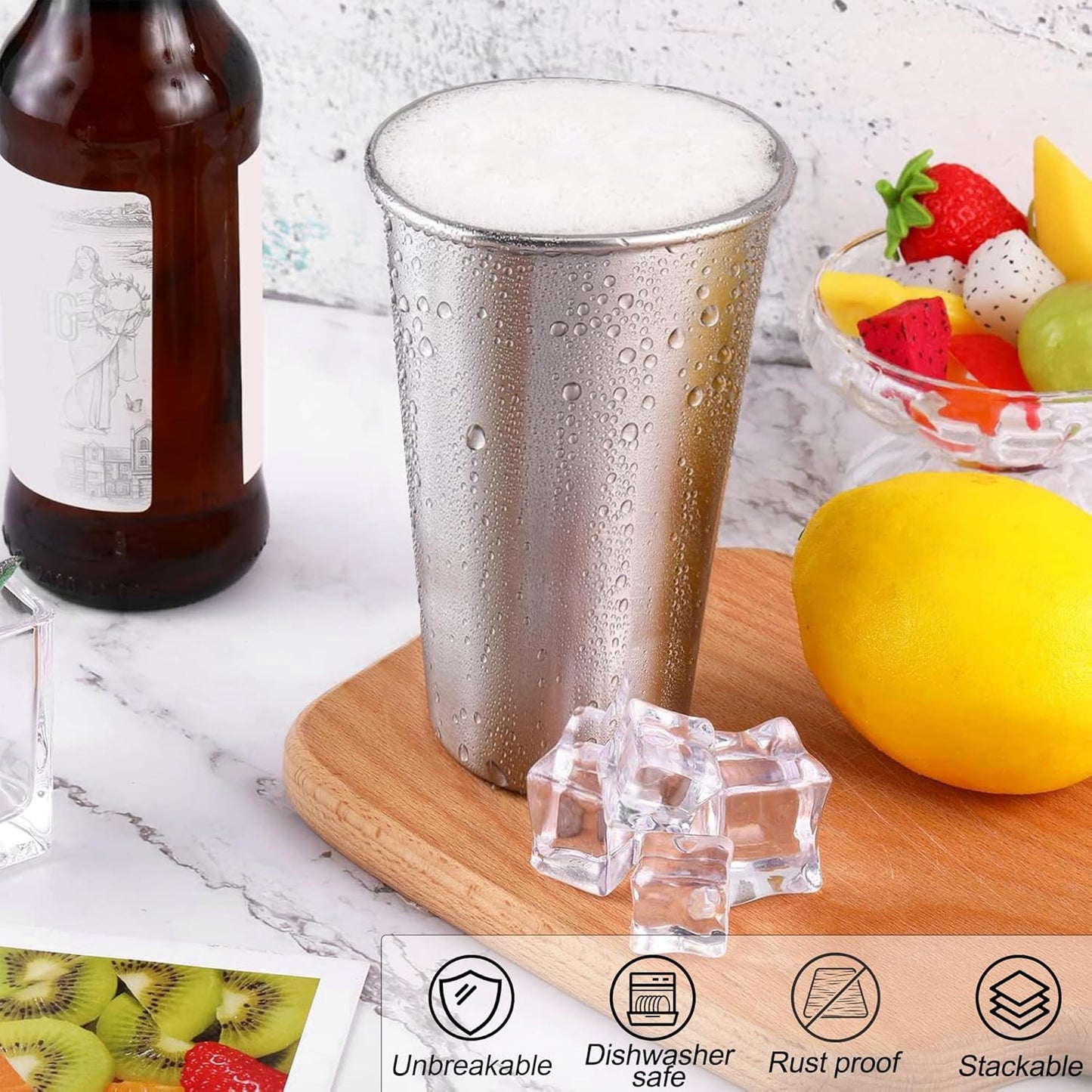 Ruisita 6 Pack 20 oz Stainless Steel Cups Metal Shatterproof Stackable Pint Drinking Cups for Adults or Kids (20 oz/600 ml)