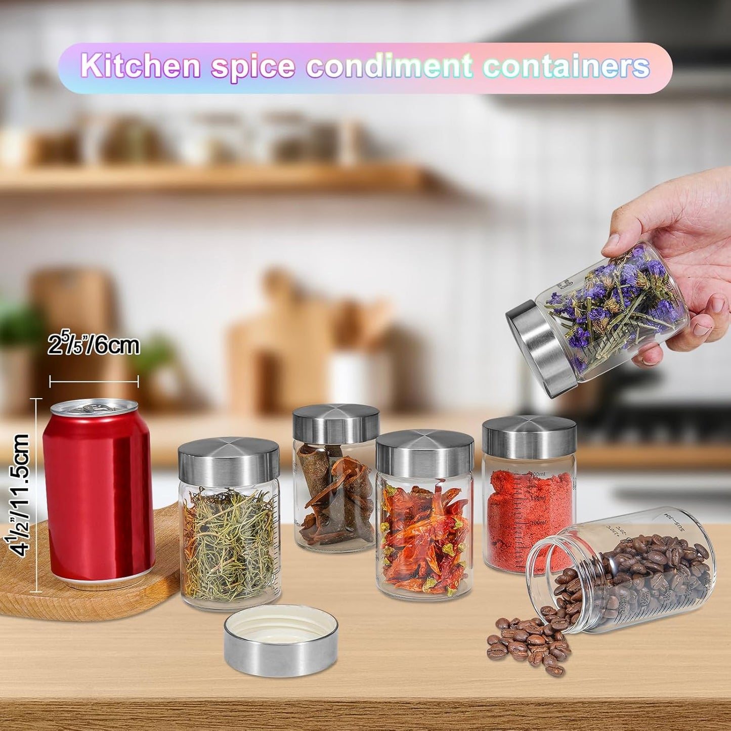 Glass Spice Jar Coffee Sugar Container Airtight Glass Jar Food Storage Canisters Bottle for Kitchen Seasoning Tea Herb Overnight Oats Bar Parfait Snacks (6 * 200ml(6.76oz))