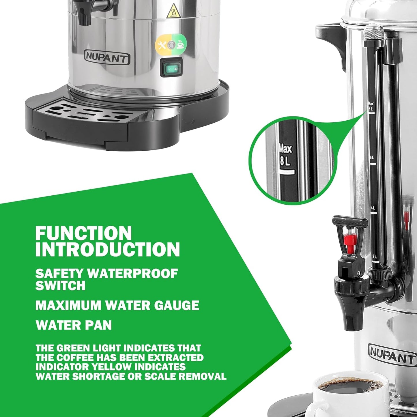 Commercial Coffee Urn 50 Cup/8L Coffee Dispenser with Upgraded Percolator, 304 Stainless Steel Hot Water Urn Beverage Dispenser with Keep Warm Mode, Large Coffee Maker for Catering Party