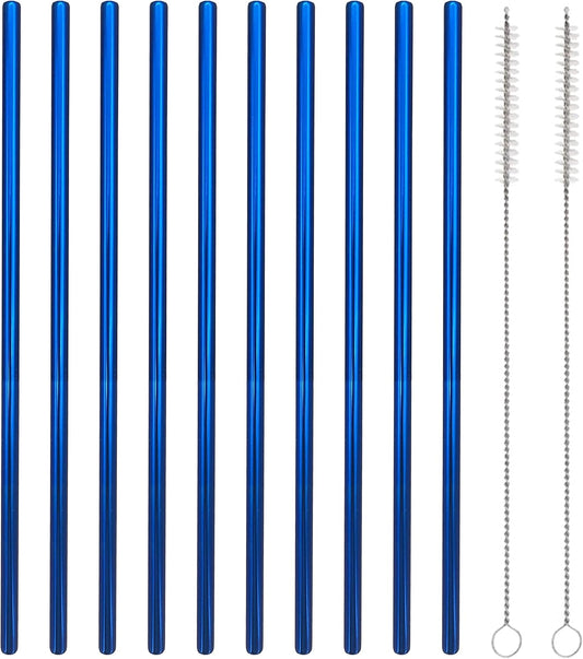 10 Pcs Stainless Steel Straws, Reusable Drinking Straws, Straight Metal Straw Sets with 2 Pcs Cleaning Brushes (10.5 Inch, Blue)