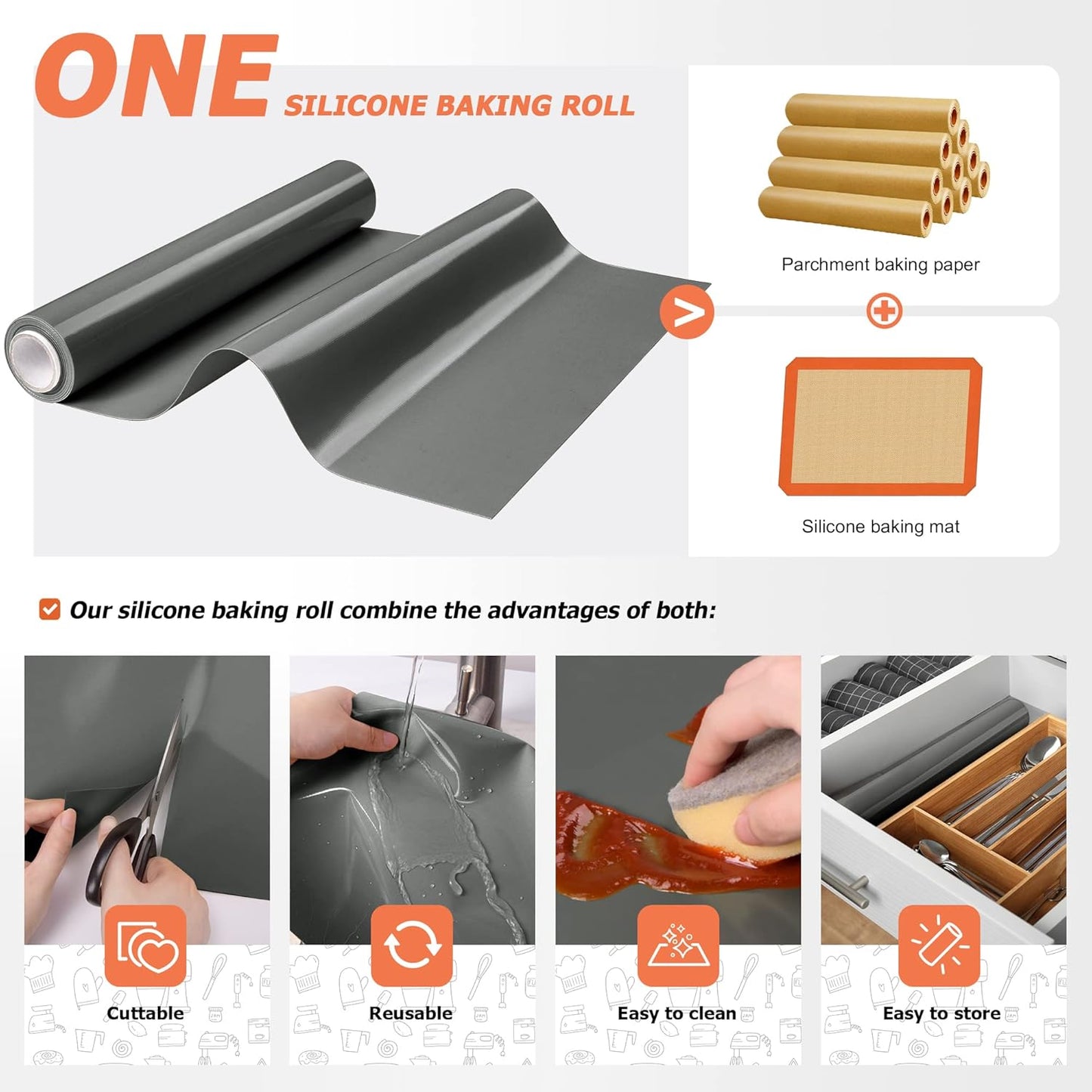 Silicone Baking Mat Roll - Best German Silicone - Non-slip Silicone Pastry Mat, Non-Stick Reusable Air Fryer Linner, Counter Mat, Oven Liner, Freeze Dryer Mat - 12IN x 8FT