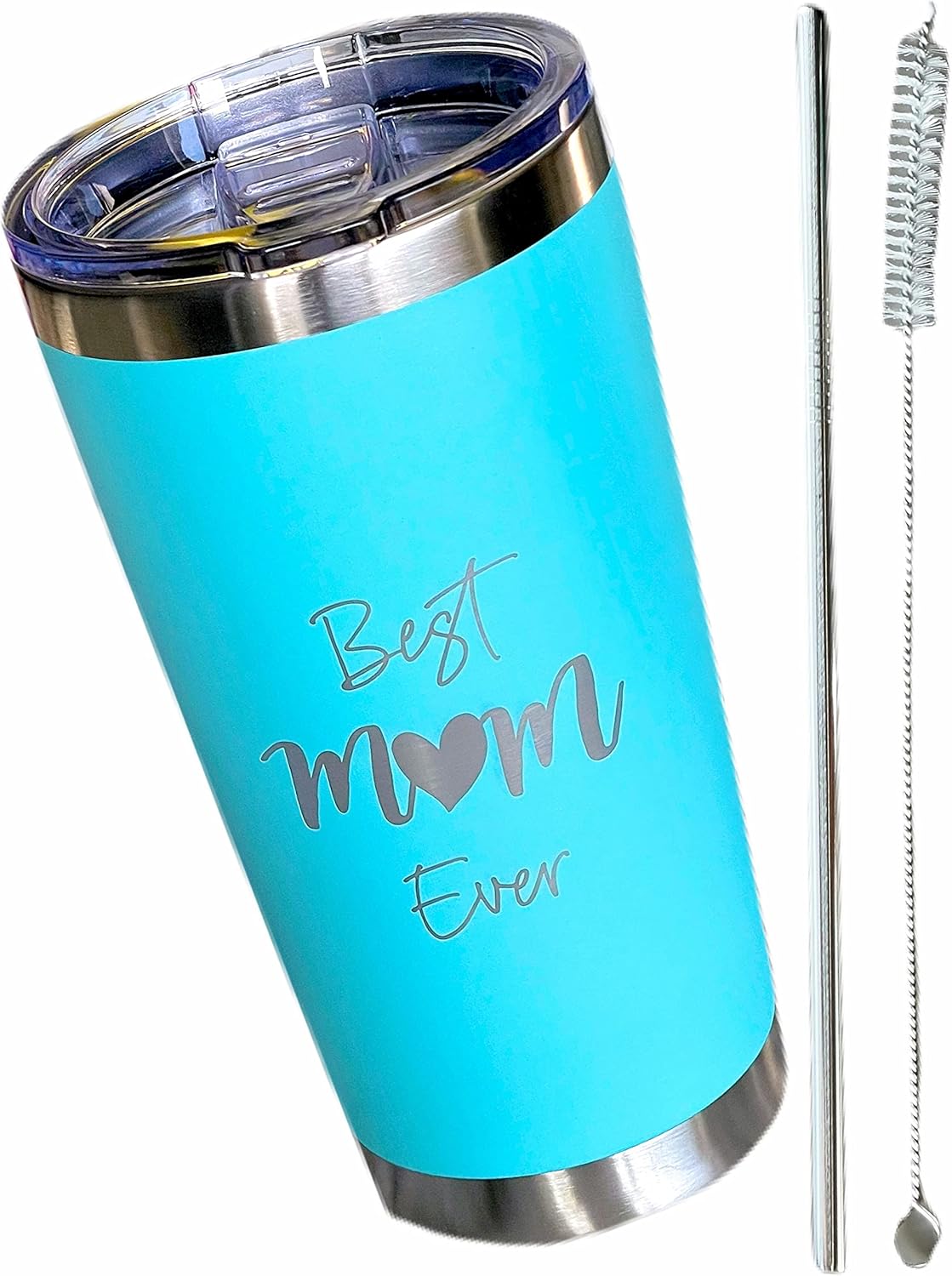QualityVibe Best Mom Ever 20 Oz Insulated Stainless Steel Tumbler With Lid, Straw & Brush. Gift Idea For Mom Birthday, Mother's Day Or New Mom. Laser Engraved. Aqua