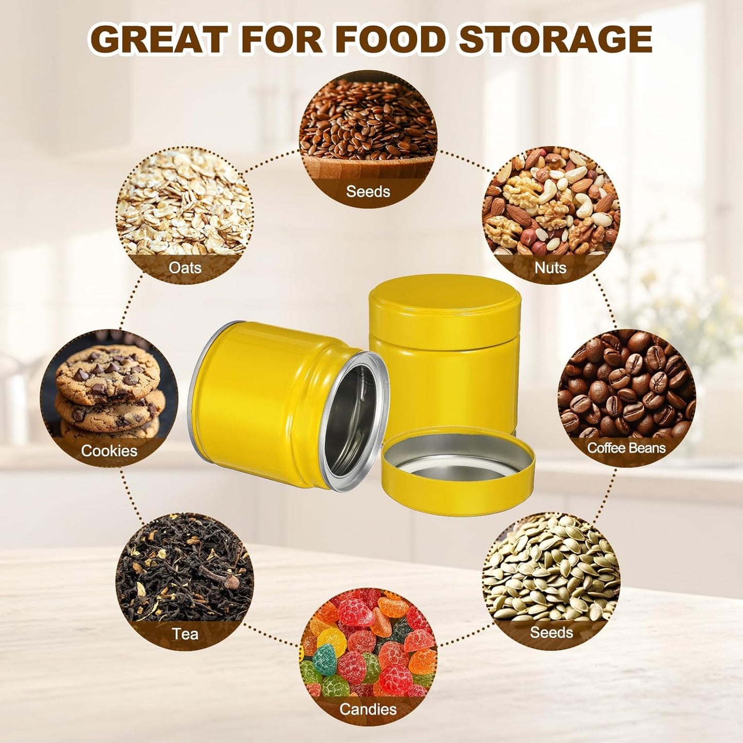 uxcell 2Pcs Round Tea Canisters, 3" x 3" Airtight Metal Tea Containers for Loose Tea, Coffee Beans, Spices - Durable, Compact, and Stylish Storage Tea Tin (Yellow)