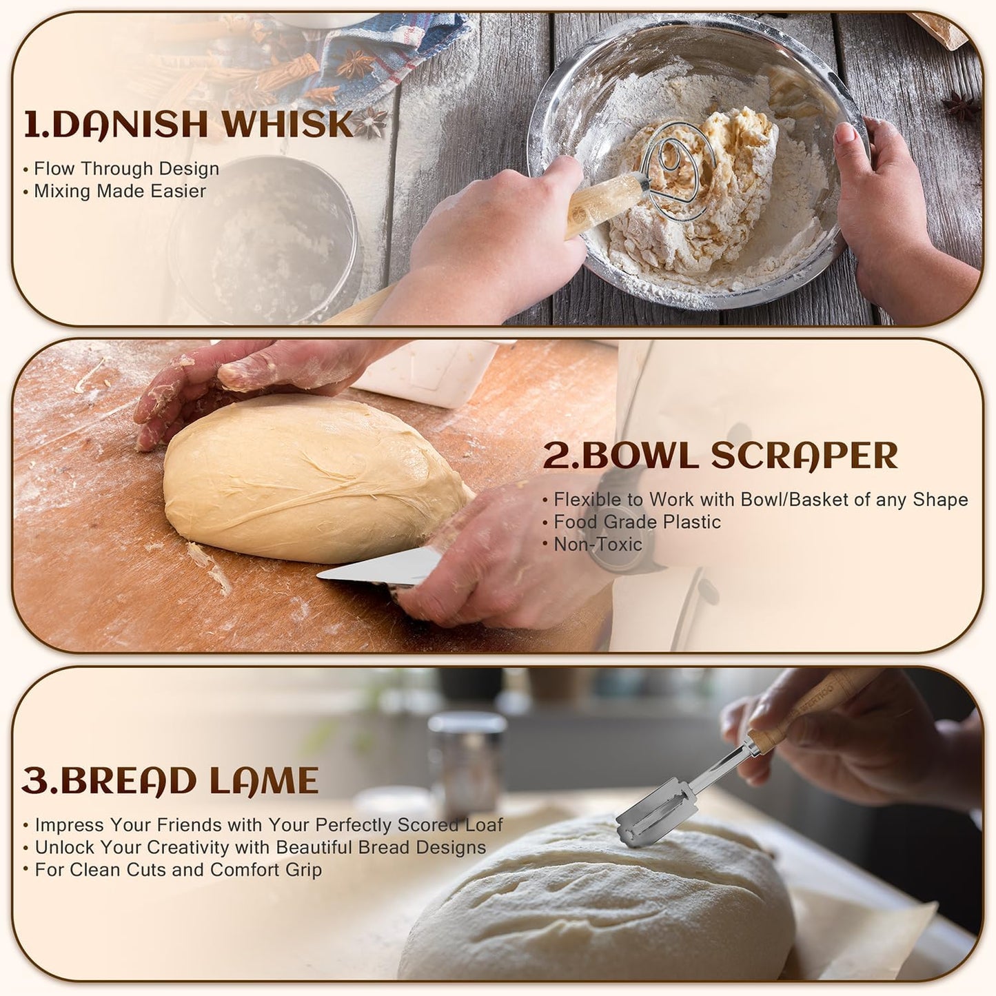 Banneton Bread Proofing Basket Set of 2, 9 Inch Round Sourdough Proofing Basket, Sourdough Starter Kit, Sourdough Bread Baking Supplies with Dough Scraper, Danish Dough Whisk, Bread Lame, Bowl Scraper