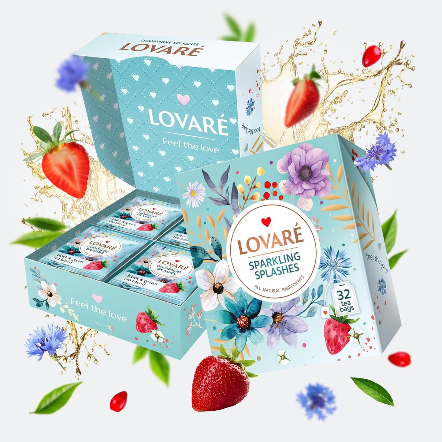 LOVARE Sparkling Splashes Tea Bags 64 g - Made in Ukraine - Classic Black and Sencha Green Flavored Tea Blend - Tea Bags Individually Wrapped - Gift Box Sets for Tea Lovers (32 Tea Bags x 2 g Each)