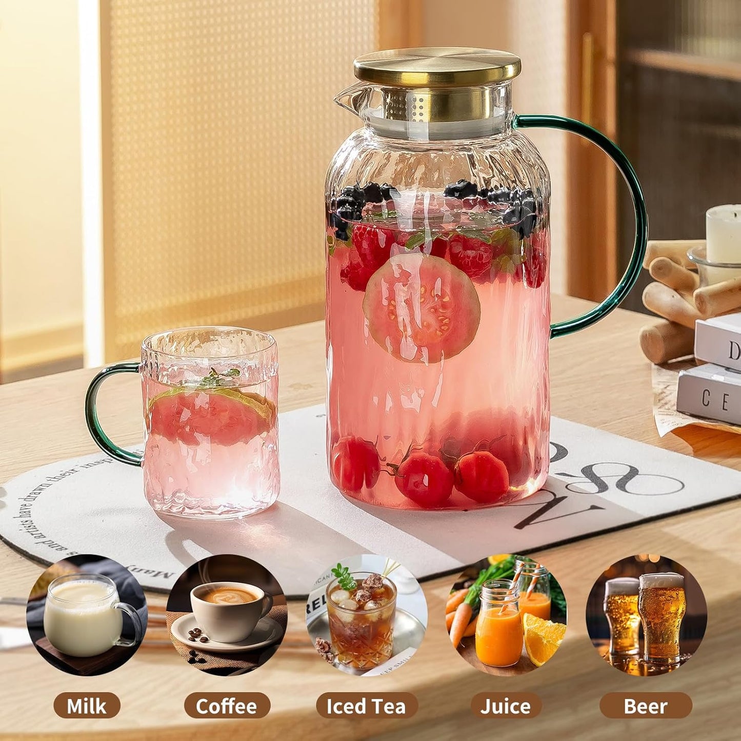 2 PACK Glass Pitcher with Lid and Spout, 68 oz/2 Liter Water Pitcher for Fridge, Clear Borosilicate Glass Water Carafe for Cold Brew, Coffee, Lemonade, Iced SunTea,Milk, Heat Resistant