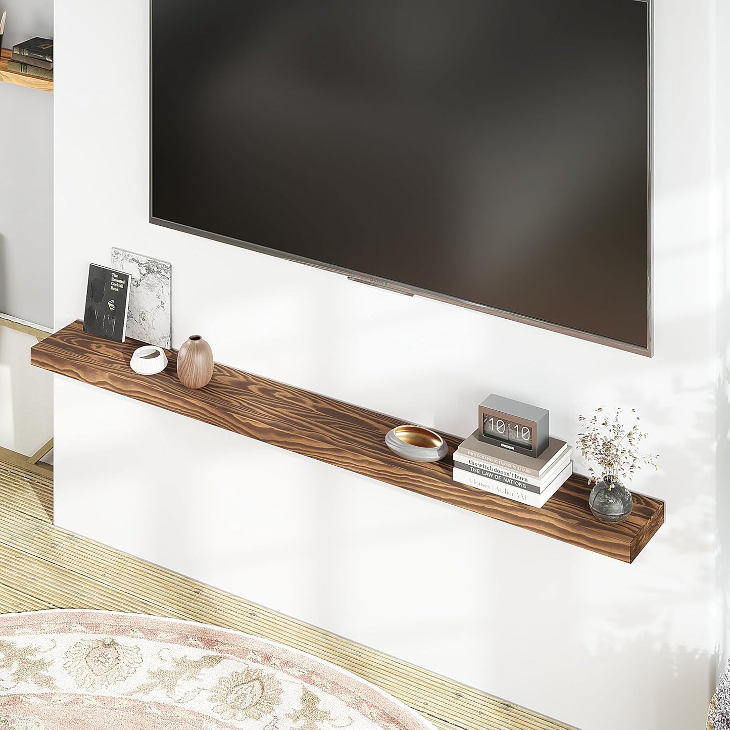 72'' Pine Wood Floating Shelf for Wall - Rustic Wall Mounted Wooden Shelf for Stylish Home Décor, Fireplace Mantel 72inch (Light Walnut, 72x8x2) - 1pcs