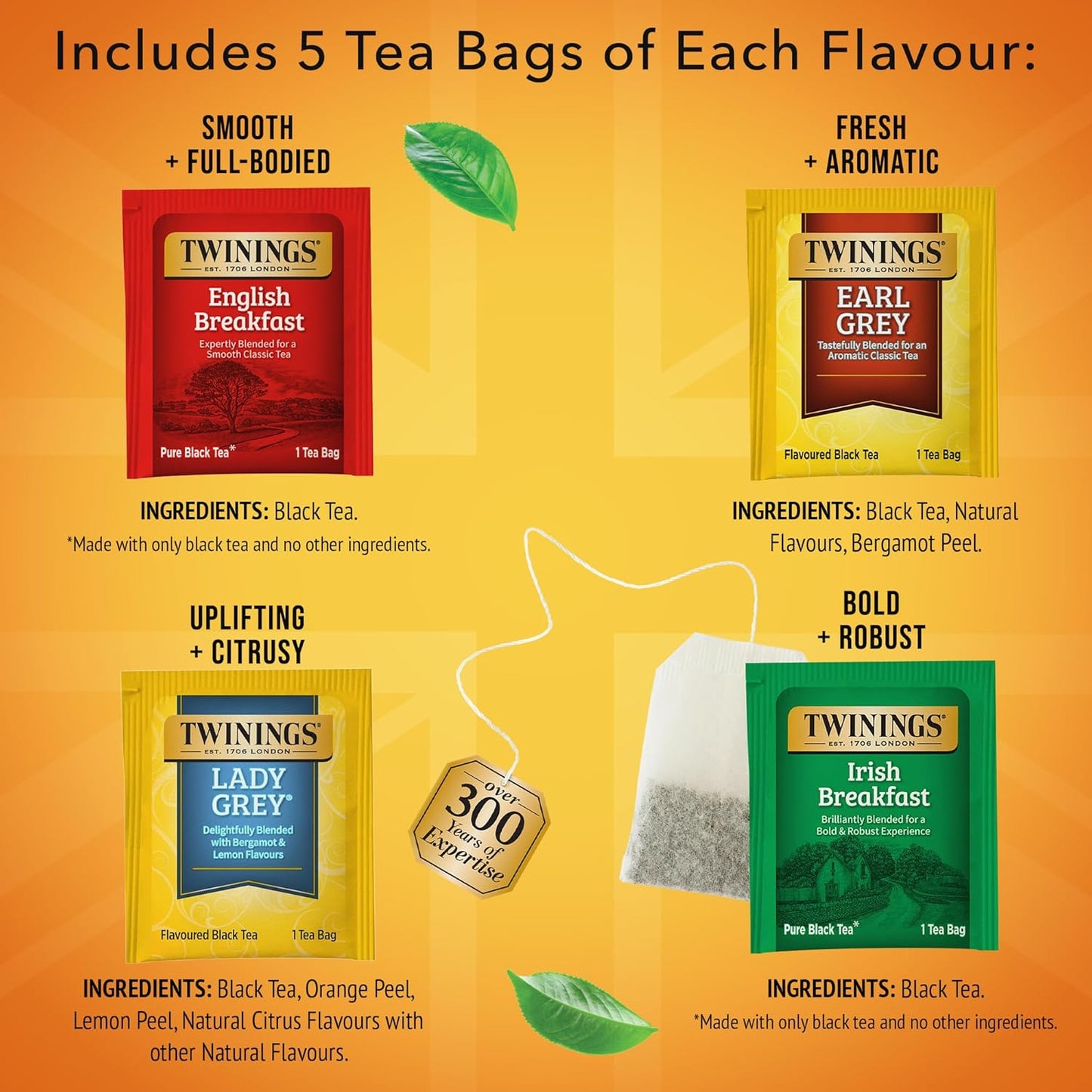 Twinings Variety Pack Black Tea Bags, 20 Count (Pack of 6), Includes English Breakfast, Early Grey, Irish Breakfast, and Lady Grey, Caffeinated, Enjoy Hot or Iced, 120 Teabags