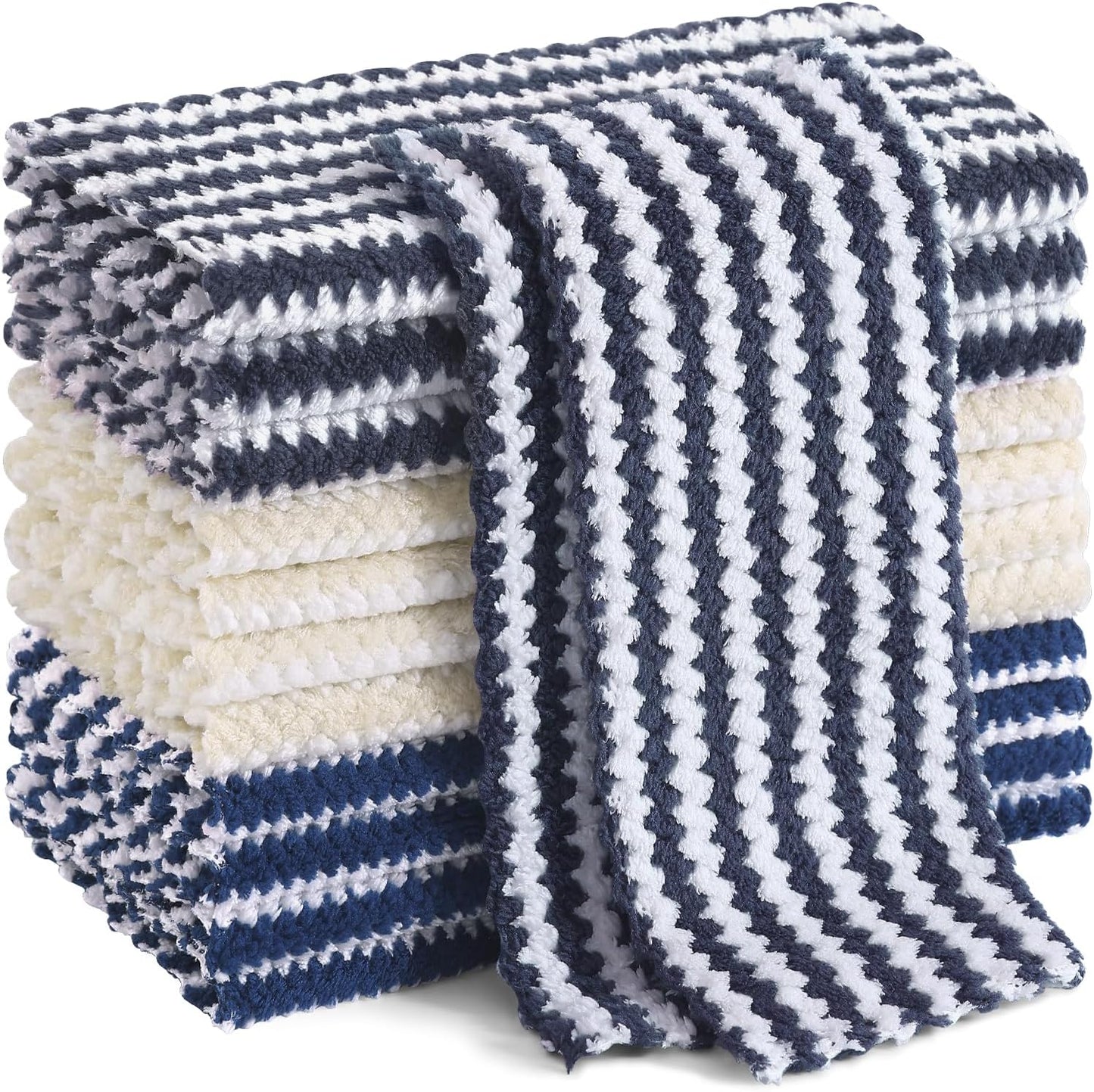 Homaxy 12 Pack Kitchen Dish Cloths, Ultra Soft and Absorbent Dish Towels, Reusable Fast Drying Microfiber Cleaning Cloth, Coral Velvet Wave Design No-lint, 10 x 10 inches, Dark Grey/Navy Blue/Beige