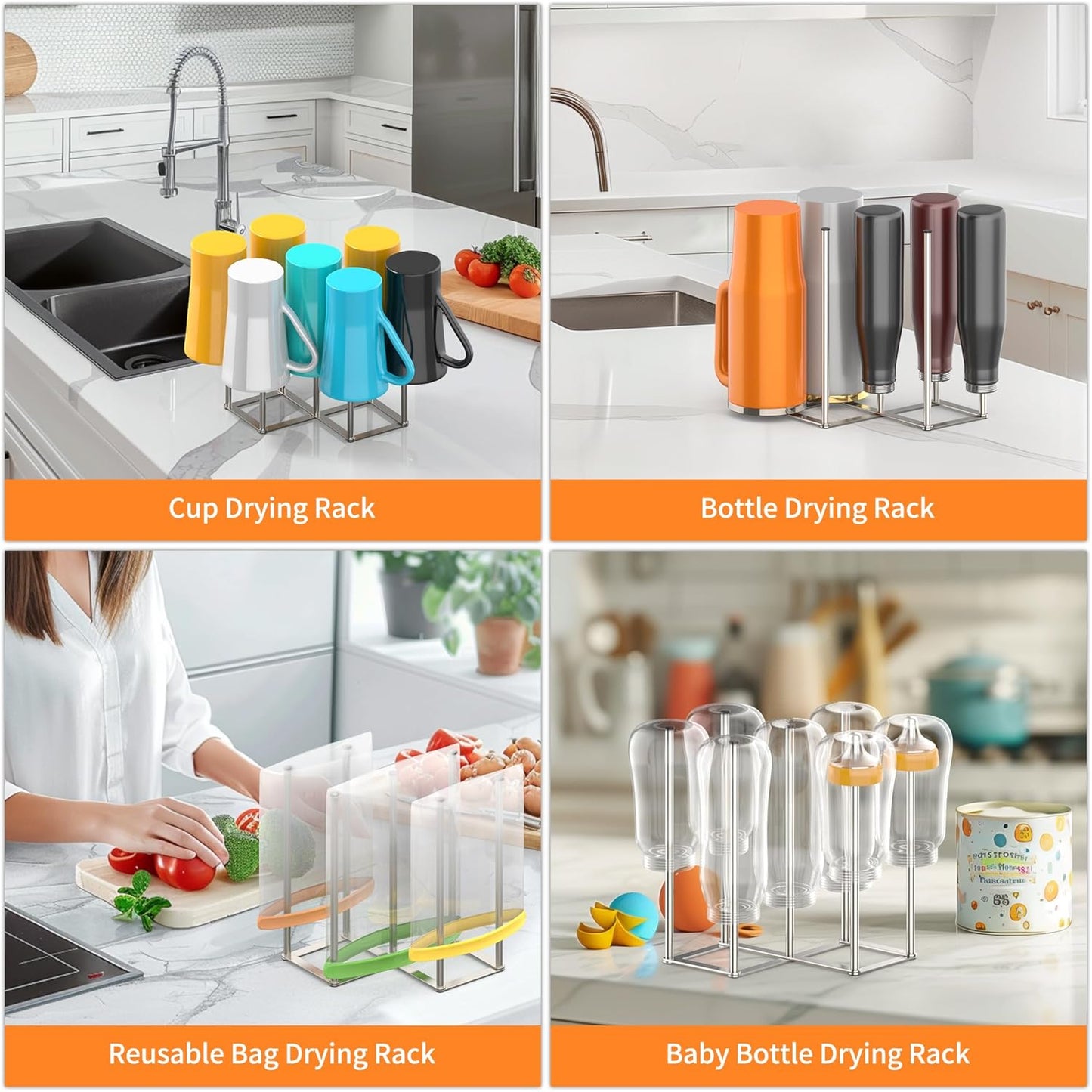 Foldable Bottle Drying Rack, Baby Bottle Drying Rack, Collapsible Cup Draining Holder, Retractable Reusable Storage Bag Dryer with Non-Slip Bottom - Stainless Steels (Silver)