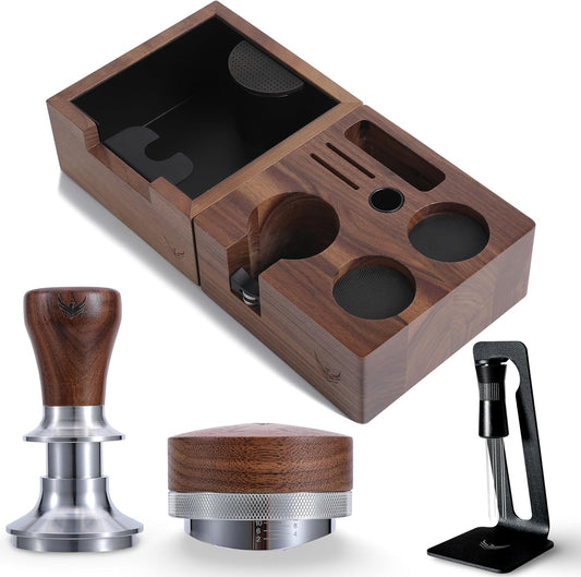 Complete 51mm Espresso Machine Accessories Kit – Walnut Handle Tamper, Coffee Distributor, WDT Tool, Knock Box, and Tamping Station