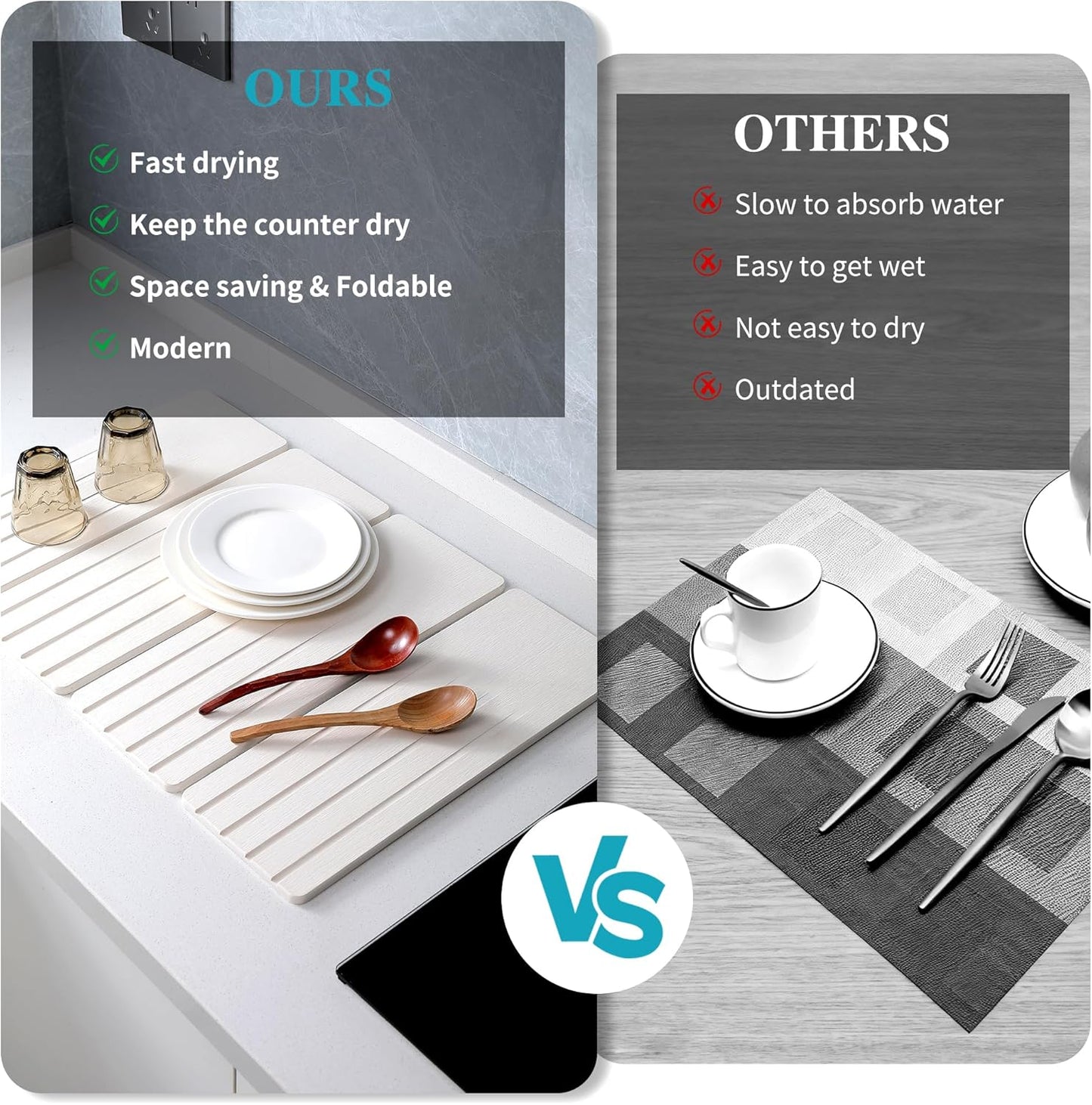 Extral Large Quick Dry Stone Drying Mat for Kitchen Counter,28x16 Inch Collapsible Eco-Friendly Absorbent Diatomaceous Earth Mat for Dishes Cups (White-Upgraded Version, 24x16 inch)