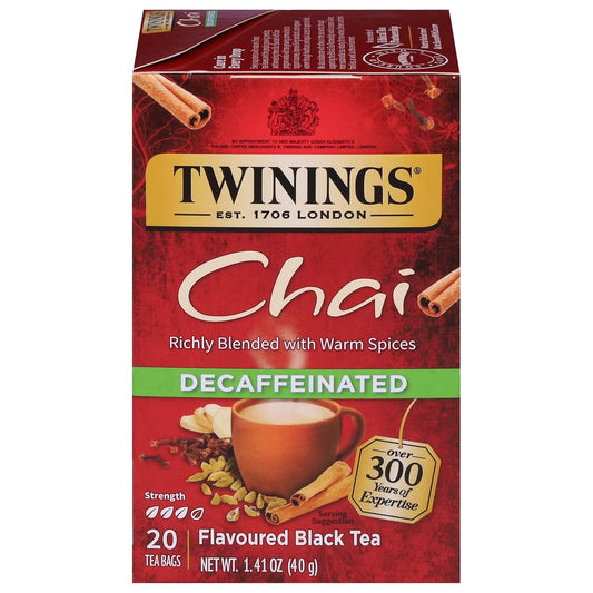 Twinings Decaffeinated Chai Individually Wrapped Bags, 20 Count (Pack of 1), Sweet, Savoury Spices, Enjoy Hot or Iced, 20 Teabags