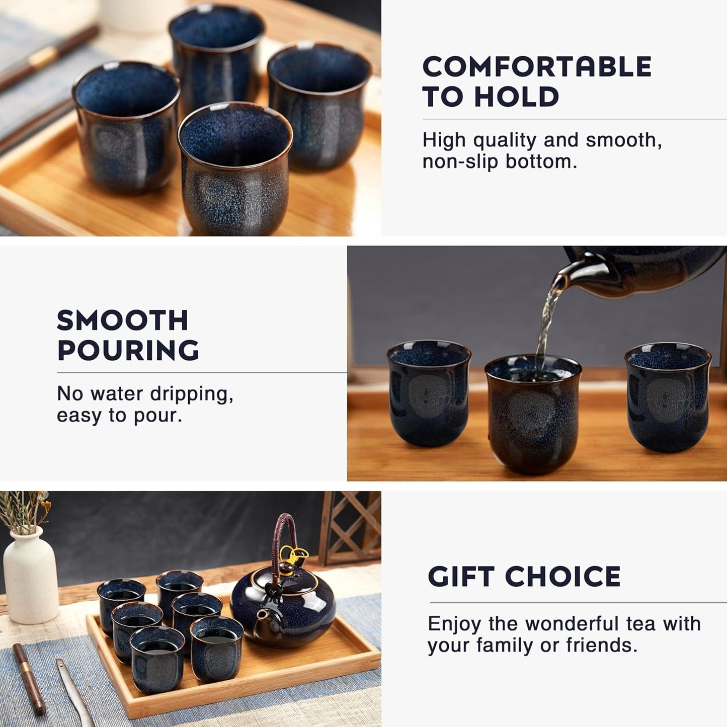 DUJUST Japanese Tea Set for 6, Kiln Altered Glaze Porcelain Tea Set with 1 Teapot, 6 Tea Cups & 1 Tea Tray, Unique Chinese Tea Sets for Adults/Tea Lovers/Women/Men, Dark Blue