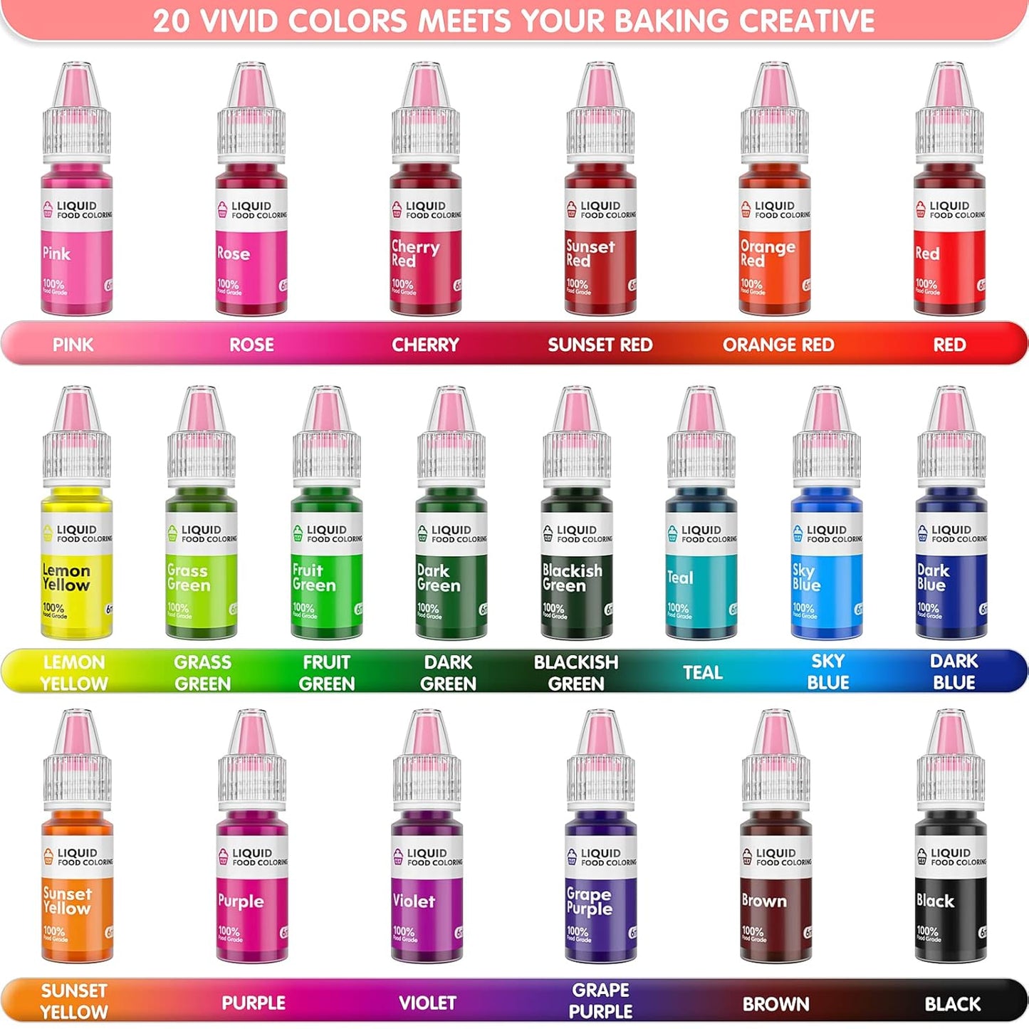 Food Coloring Liquid Set - Jelife 20 Colors Liquid Easter Eggs Dye Kit Edible Cake Decorating Color Flavorless Vibrant Food Dye for Baking Macaron Frosting Fondant Cookie(6ml/Bottles)