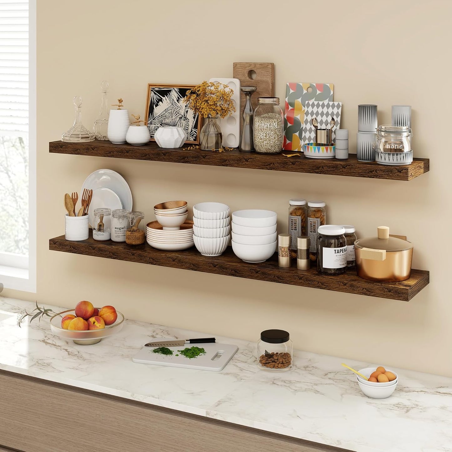 55 Inch Floating Shelves, 9.3" Deep Floating Shelf Wall Mounted, 56" Wall Shelves, Rustic Deep Bookshelf, Large Display Shelves & Storage Shelves for Bedroom, Living Room, Brown, Set of 1