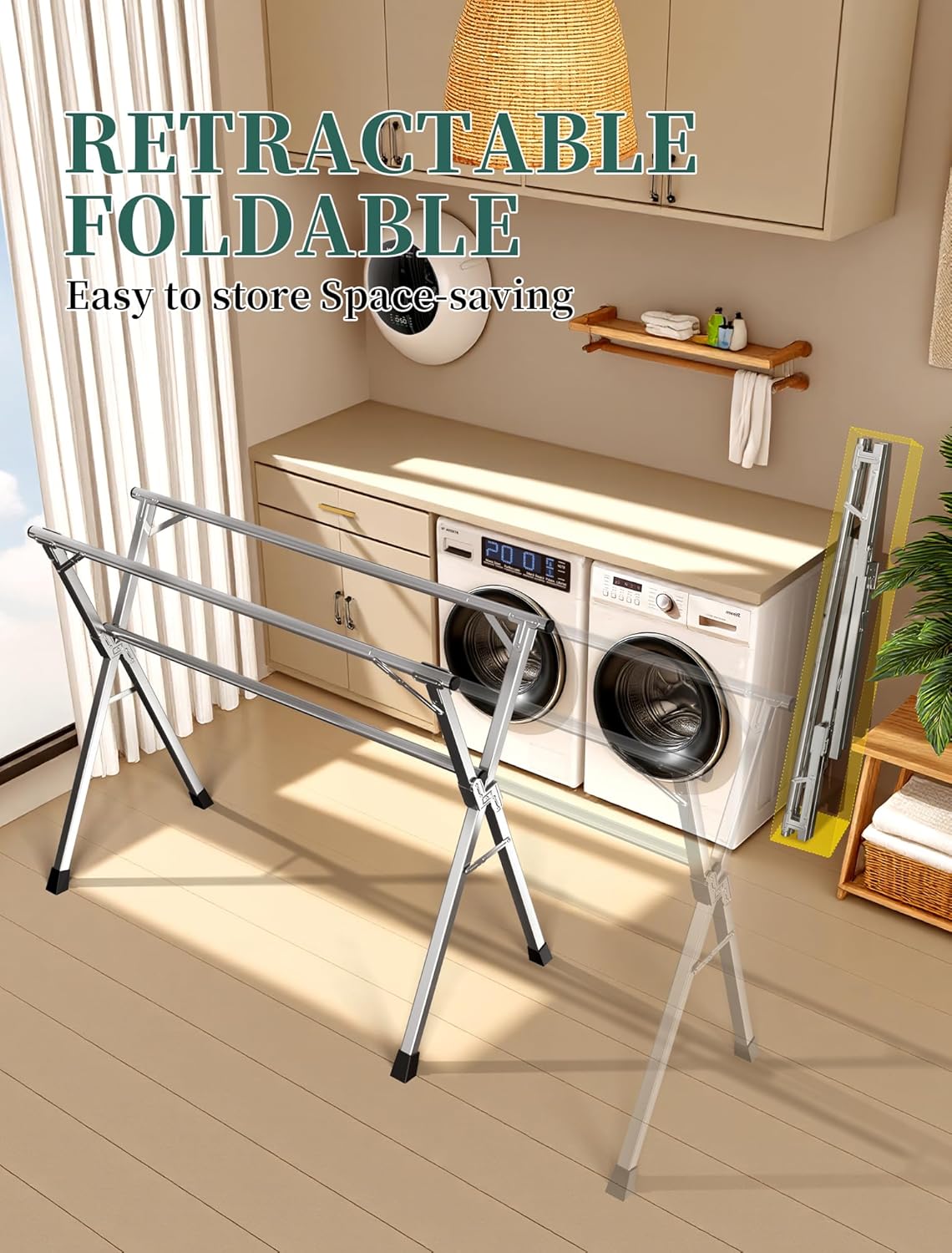 63 Inches Heavy - Duty Stainless Steel Folding Clothes Drying Rack Indoor Outdoor Anti-Rust 20 Windproof Hooks Portable & Foldable Laundry Rack (63'')