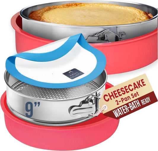Cheese Cake Pans for Baking - NON TOXIC 9 Inch Spring Form Pan for Cheesecake with LEAKPROOF SILICONE PROTECTOR - STAINLESS STEEL 9 Inch Springform Pan for Cheesecake WATER BATH