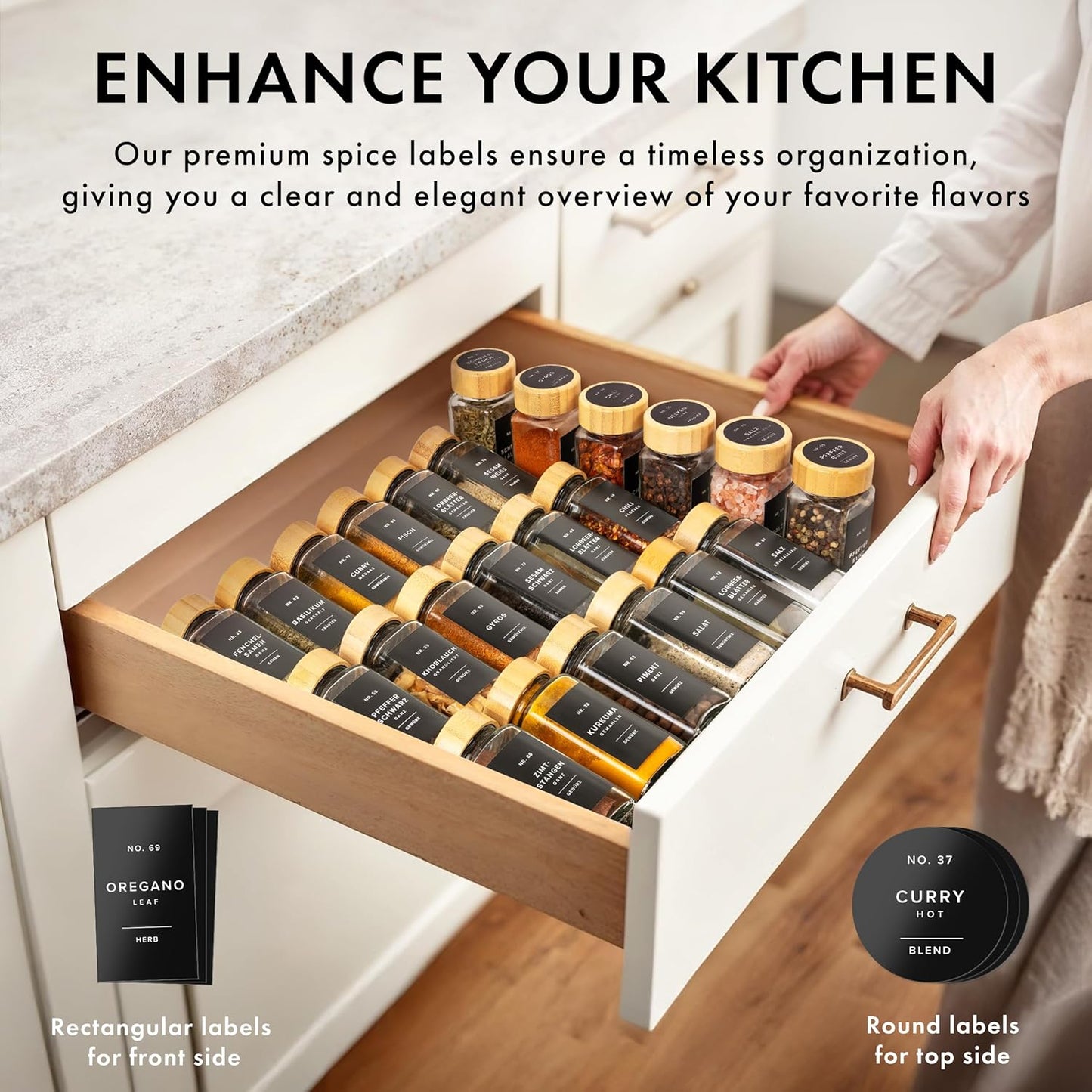 EDELHAUS® Square Spice Jars with Bamboo Wooden Lid (Pack of 24) Spice Jars with Shaker Insert and 240 Labels - Bamboo Lid Glass Container for Spice Organisation [4.3 in × 1.8 in]