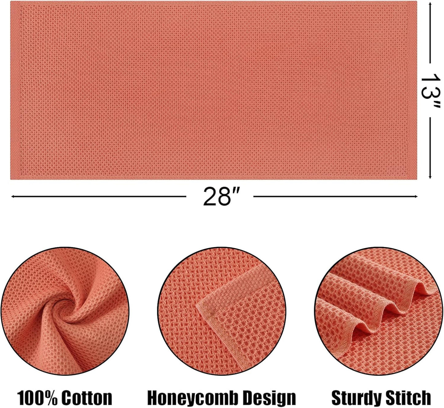 Kitinjoy 100% Cotton Waffle Weave Kitchen Towels, 6-Pack Super Soft and Absorbent Dish Towels for Drying Dishes, Kitchen Hand Towels, 13 in x 28 in, Coral