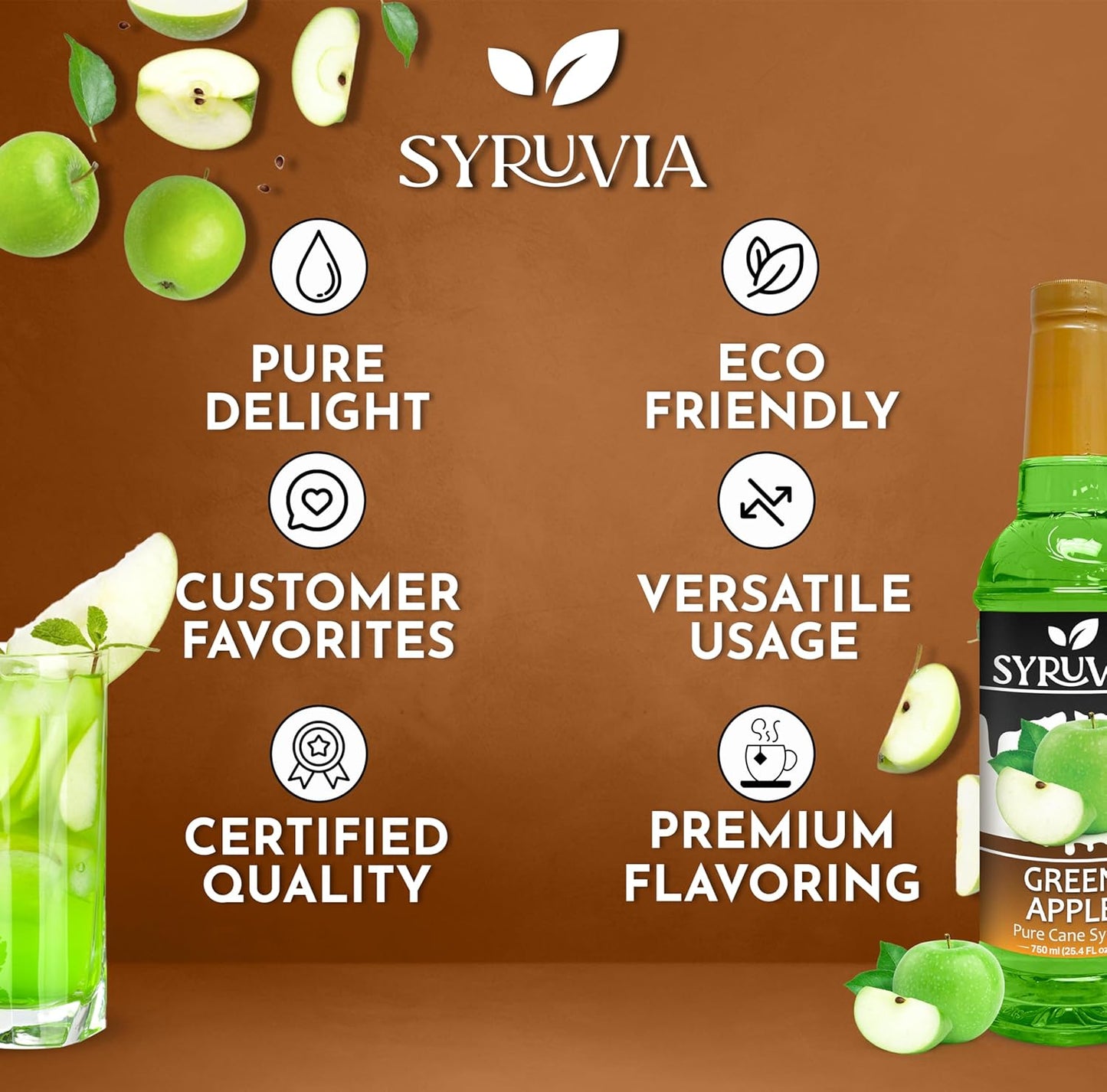 Syruvia Green Apple Syrup - Premium Flavoring Syrup for Tea, Italian Sodas, Beverages, Desserts, Ice Cream, Cocktails & Mocktails - Kosher, Gluten Free - 25.4 fl oz.